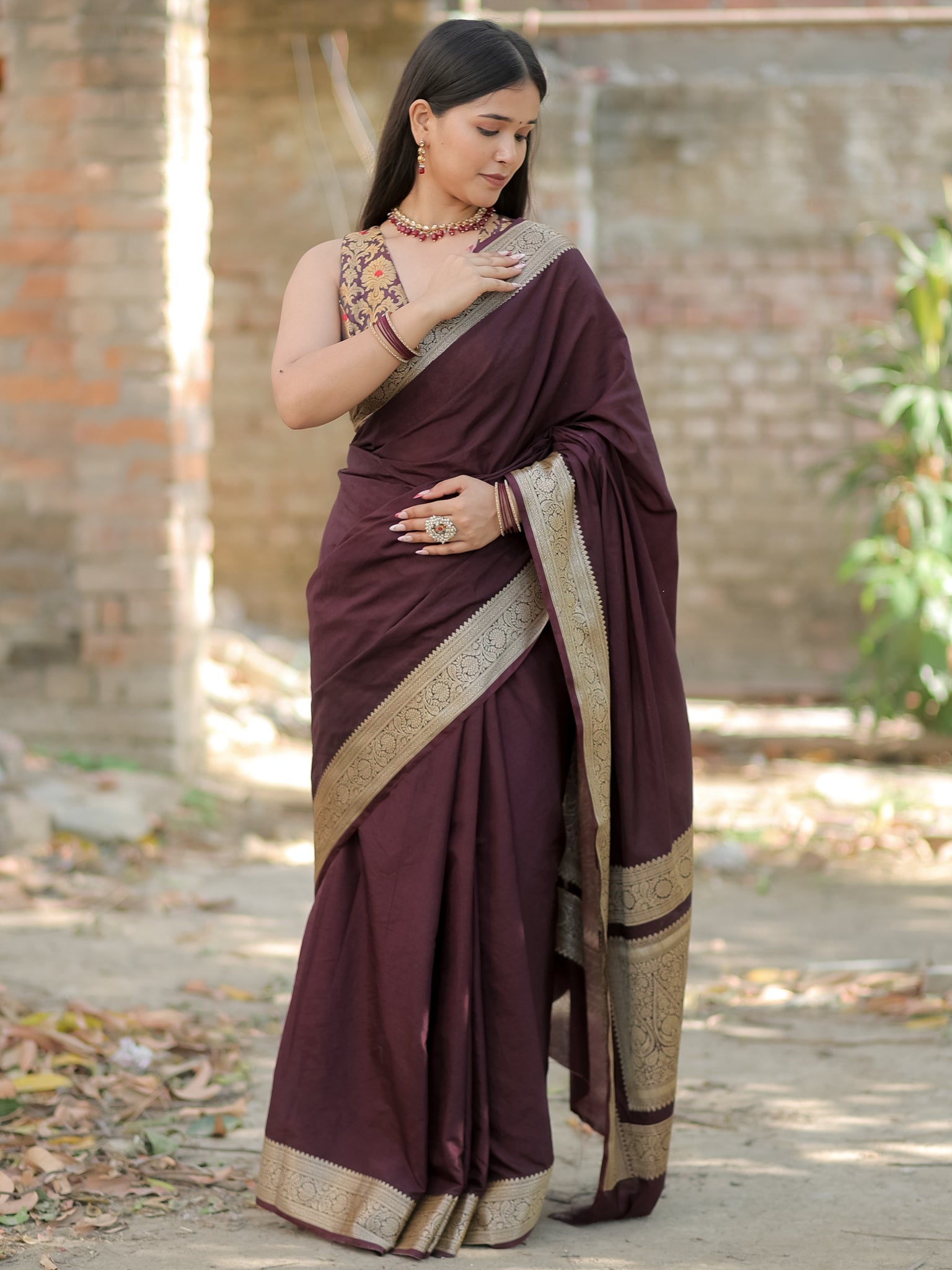 Banarasi Semi Silk Plain Saree With Weaving & Border- Wine