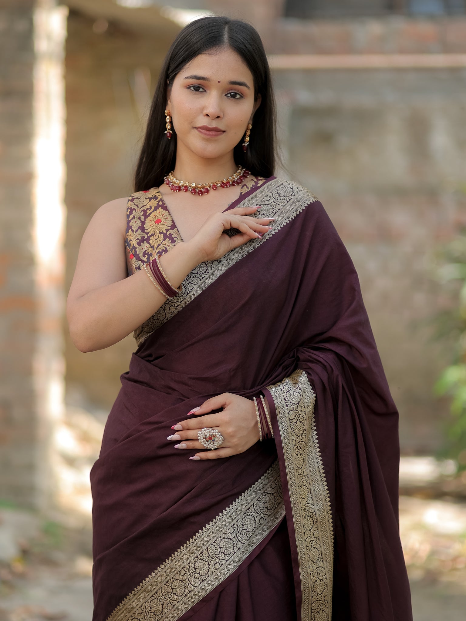 Banarasi Semi Silk Plain Saree With Weaving & Border- Wine