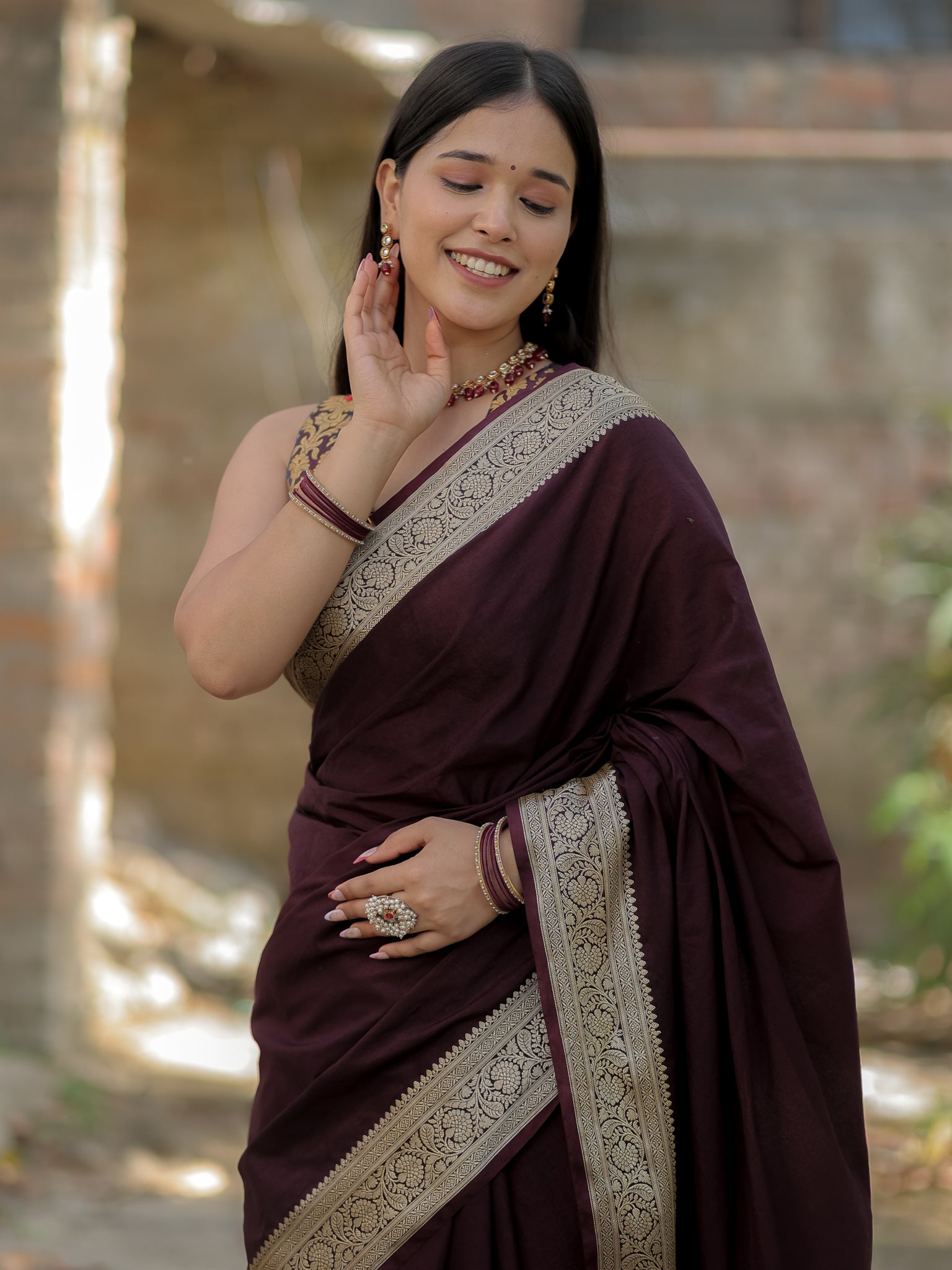 Banarasi Semi Silk Plain Saree With Weaving & Border- Wine