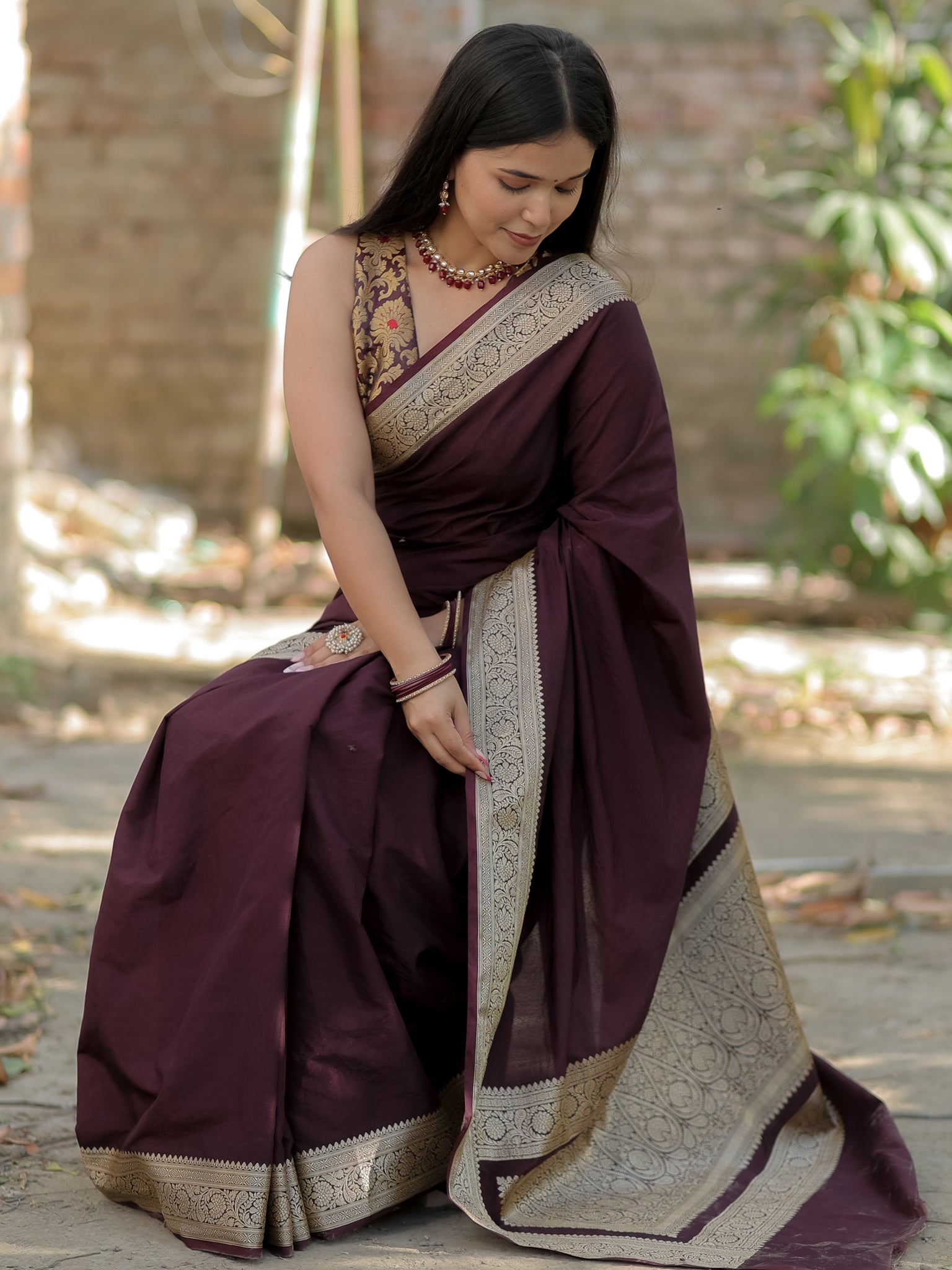Banarasi Semi Silk Plain Saree With Weaving & Border- Wine