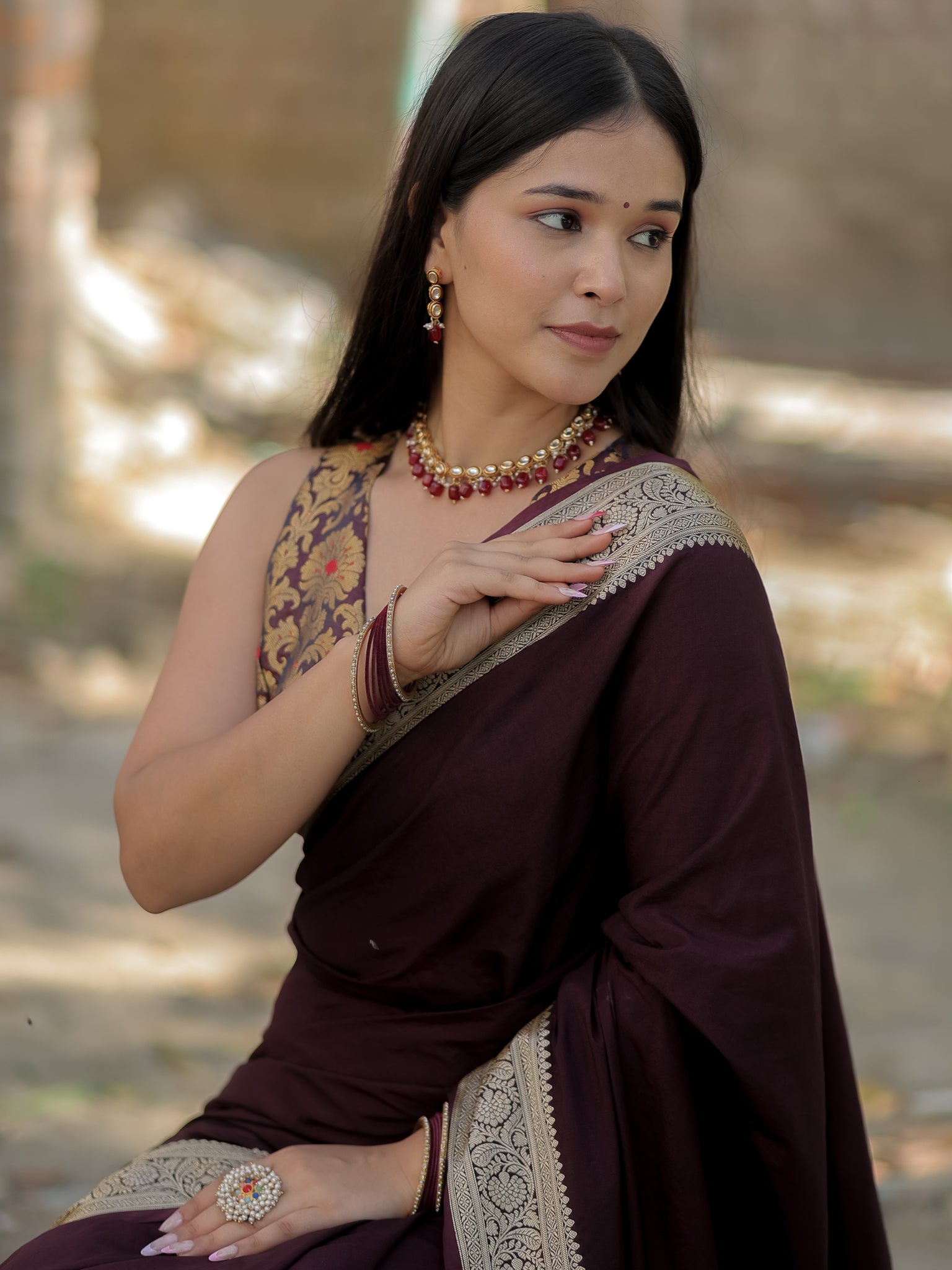 Banarasi Semi Silk Plain Saree With Weaving & Border- Wine