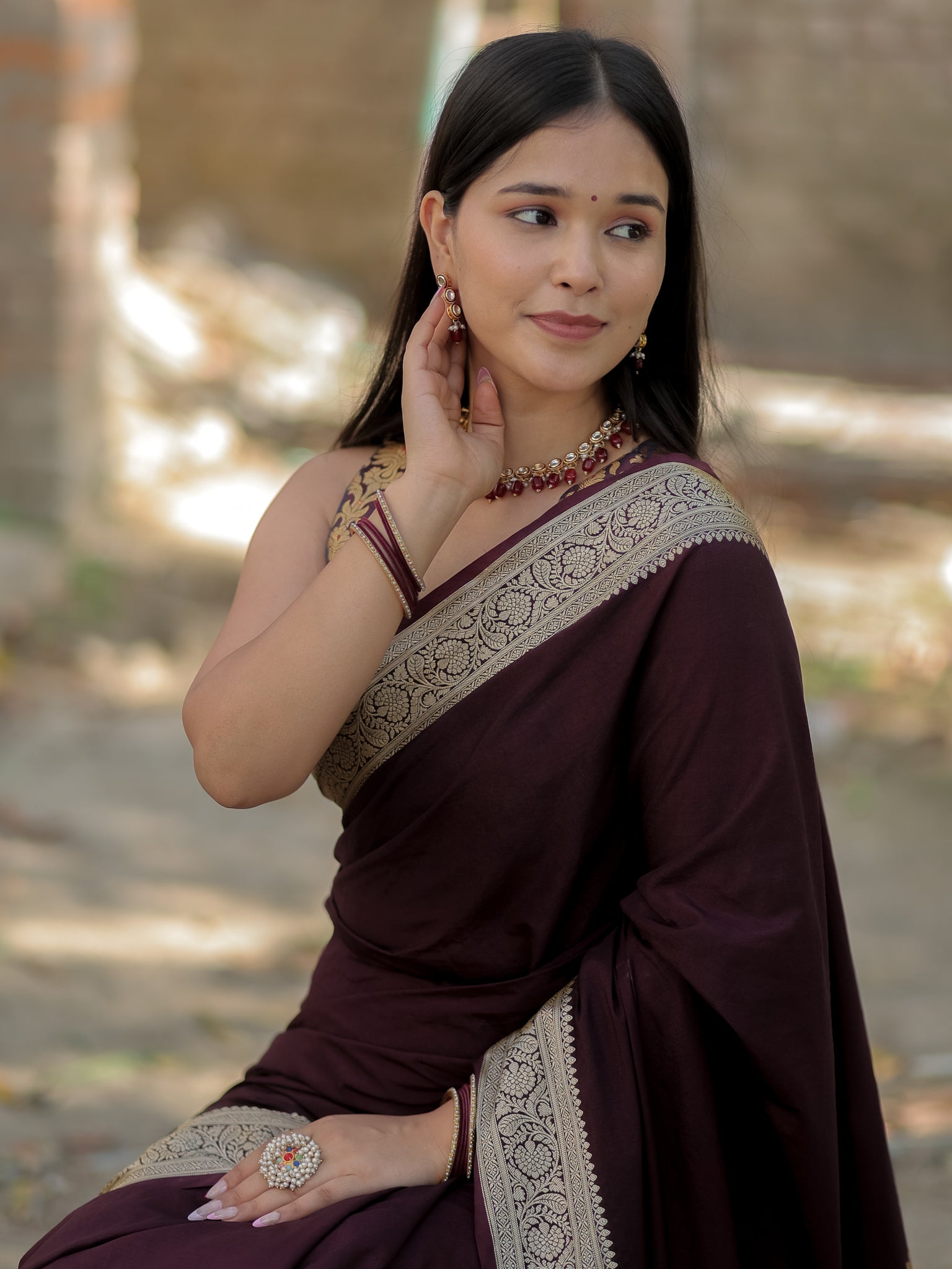 Banarasi Semi Silk Plain Saree With Weaving & Border- Wine
