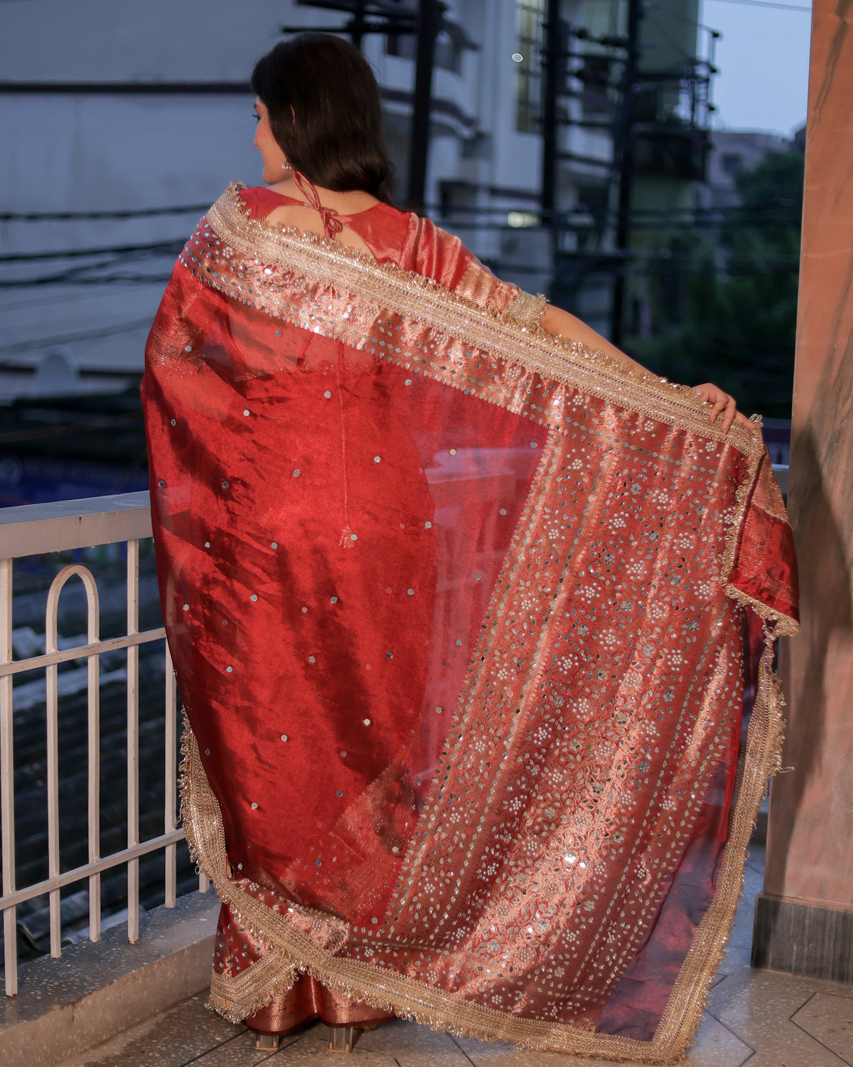 Banarasi Mirror Work Tissue Saree with Lace Border - Maroon