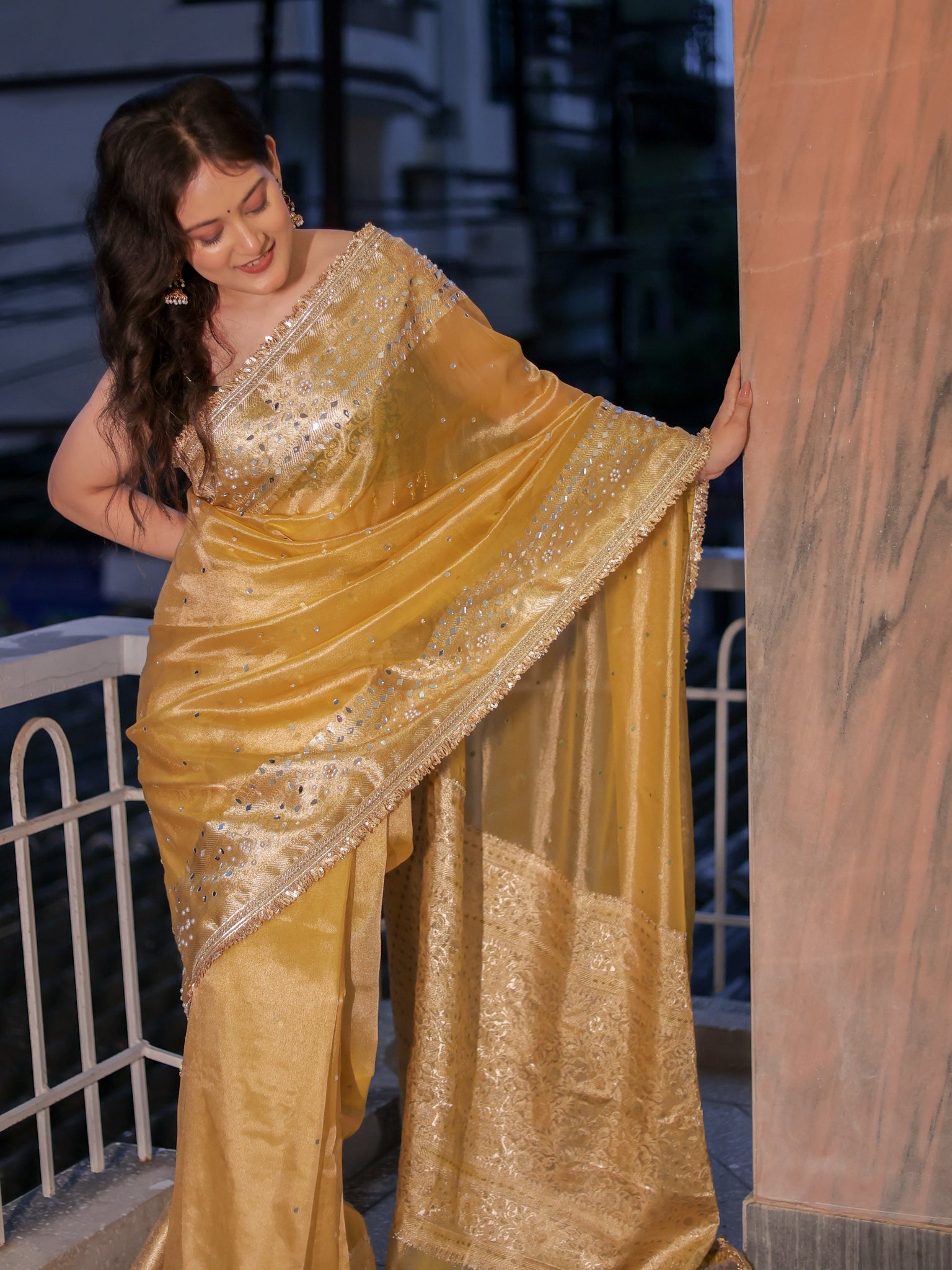 Banarasi Mirror Work Tissue Saree with Lace Border - Yellow