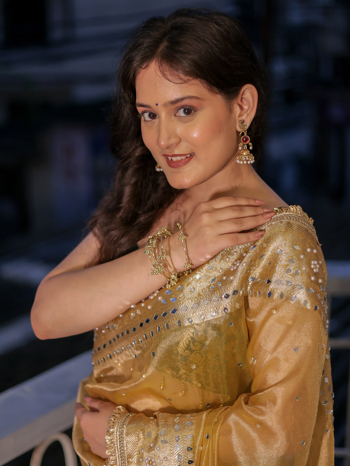 Banarasi Mirror Work Tissue Saree with Lace Border - Yellow