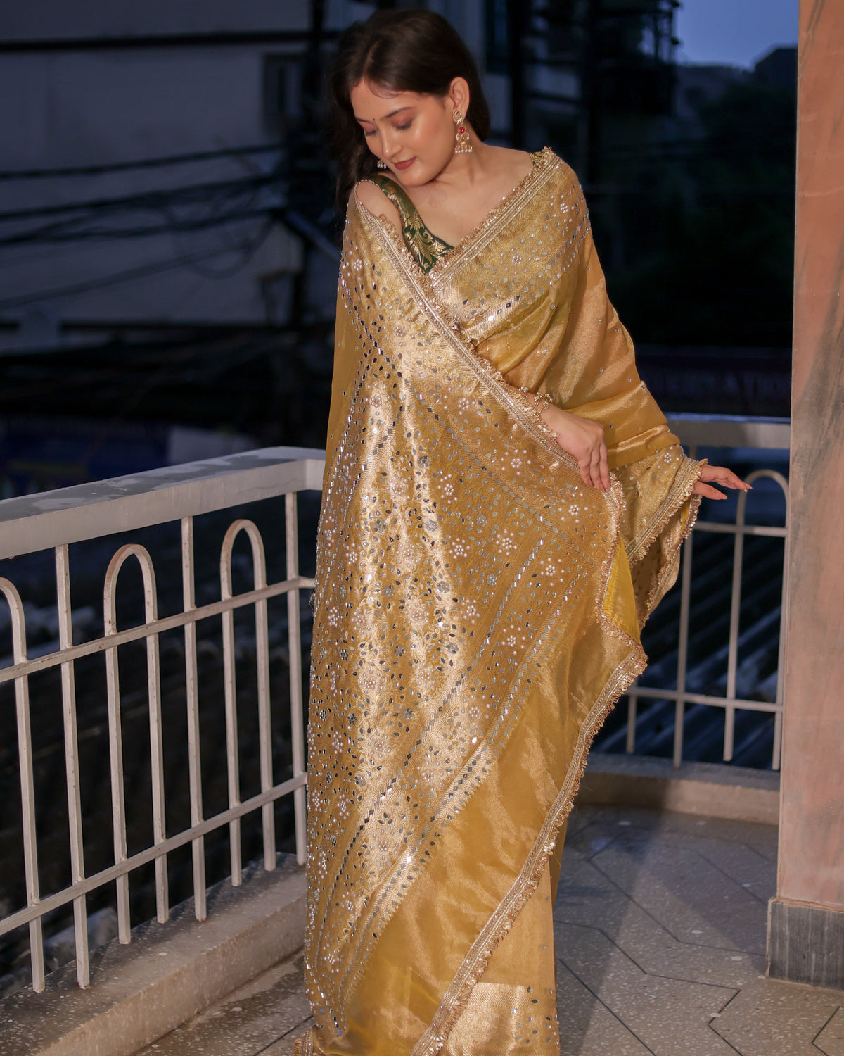 Banarasi Mirror Work Tissue Saree with Lace Border - Yellow