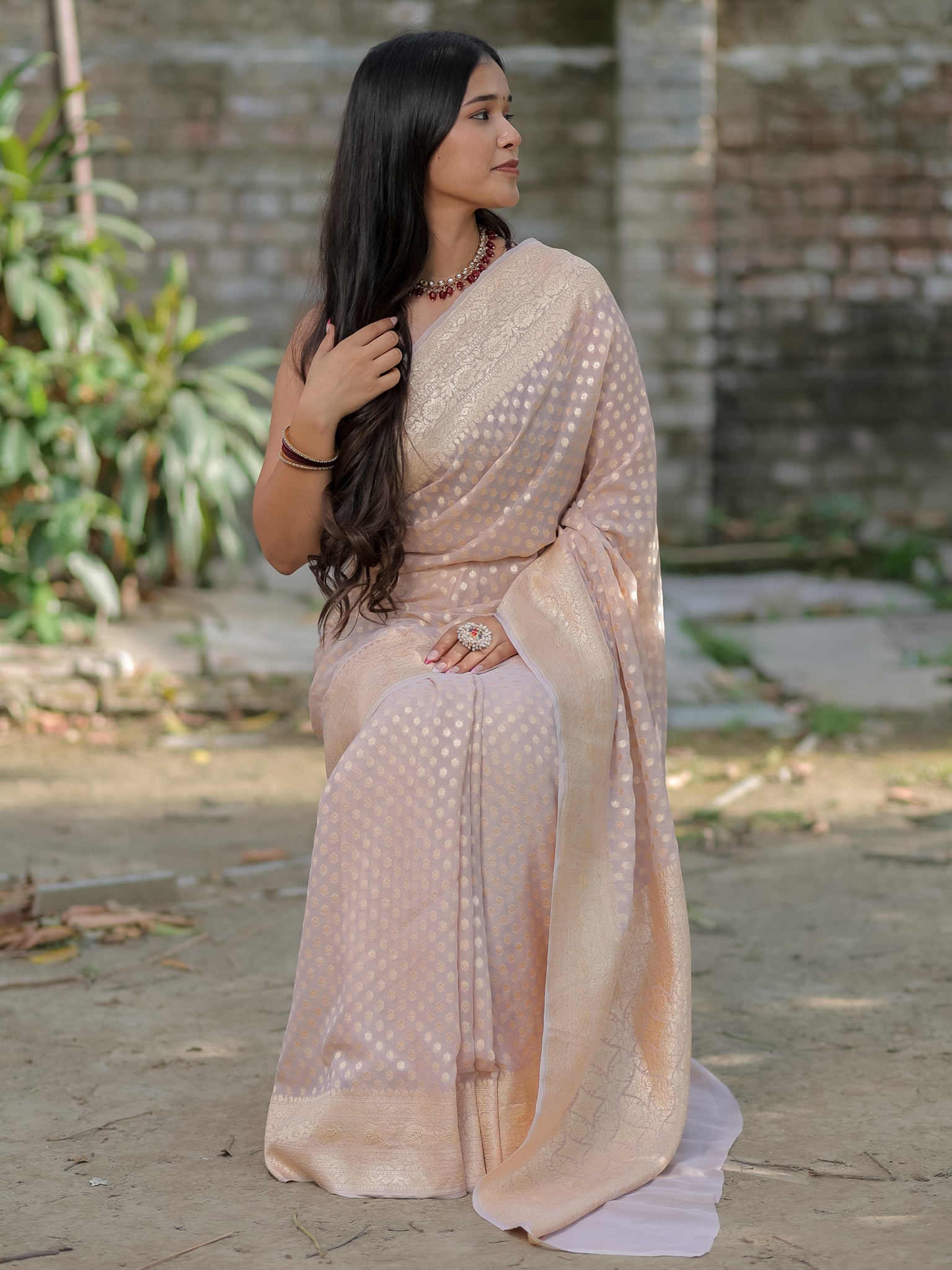 Banarasi Pure Khaddi Georgette Saree With Buti Weaving- Grey