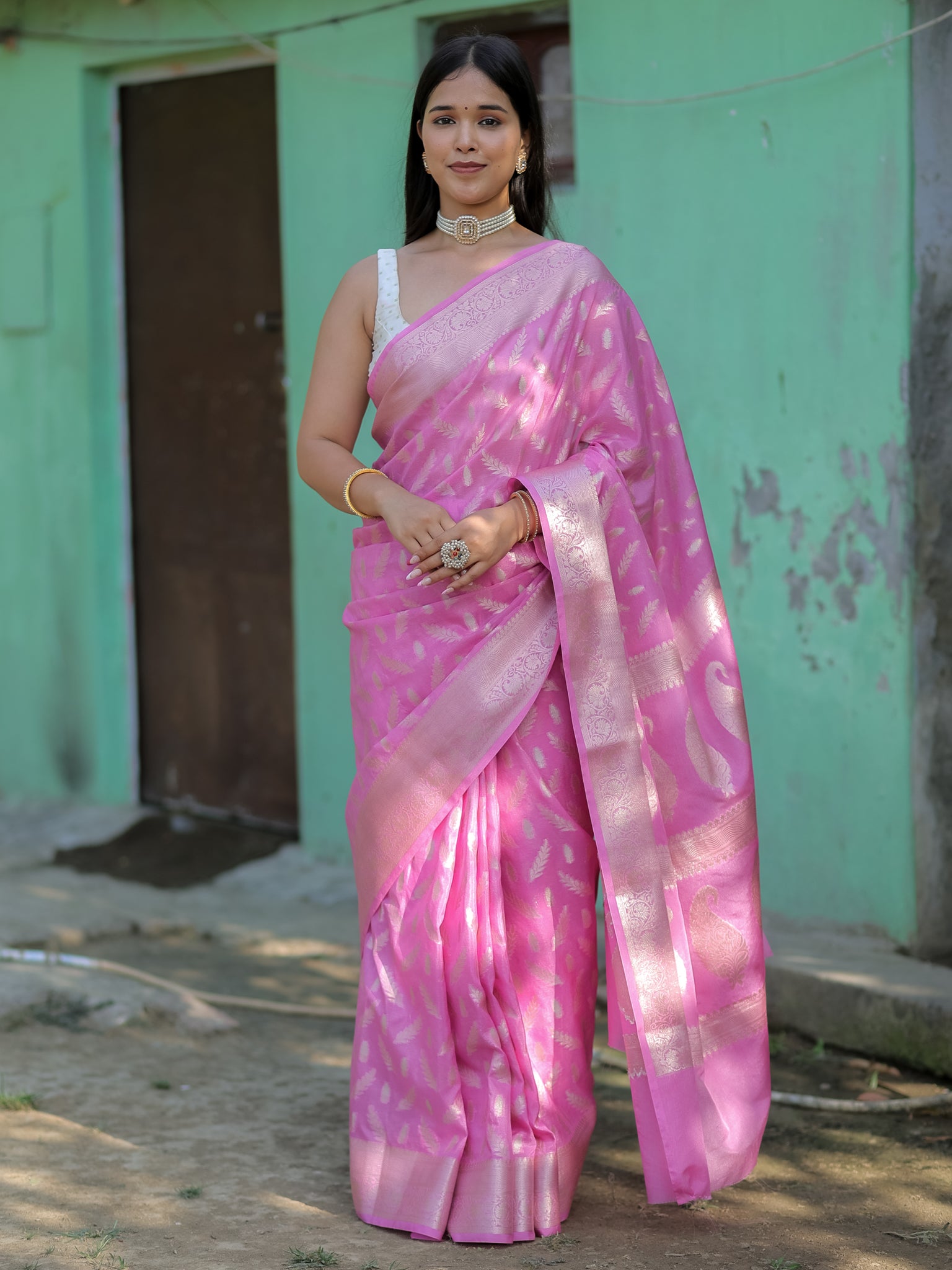 Banarasi Semi Silk Saree With Silver Zari Weaving & Border-Pink