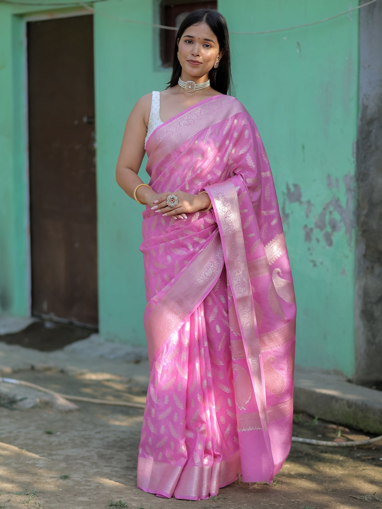 Banarasi Semi Silk Saree With Silver Zari Weaving & Border-Pink