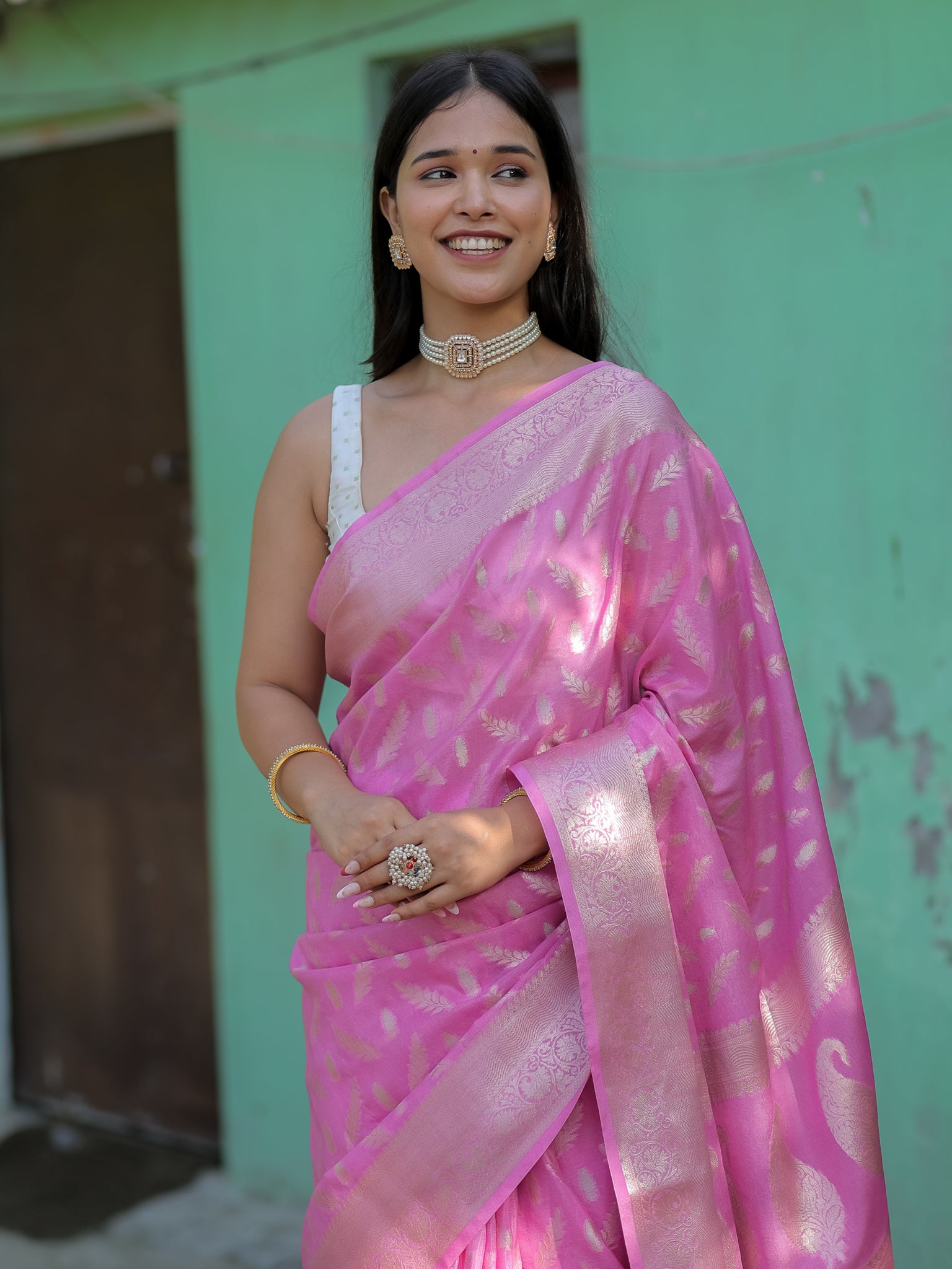 Banarasi Semi Silk Saree With Silver Zari Weaving & Border-Pink