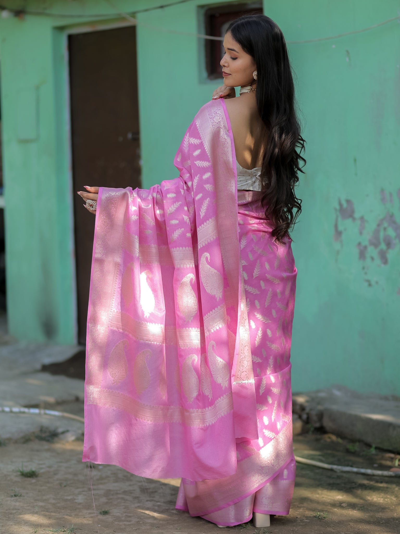 Banarasi Semi Silk Saree With Silver Zari Weaving & Border-Pink