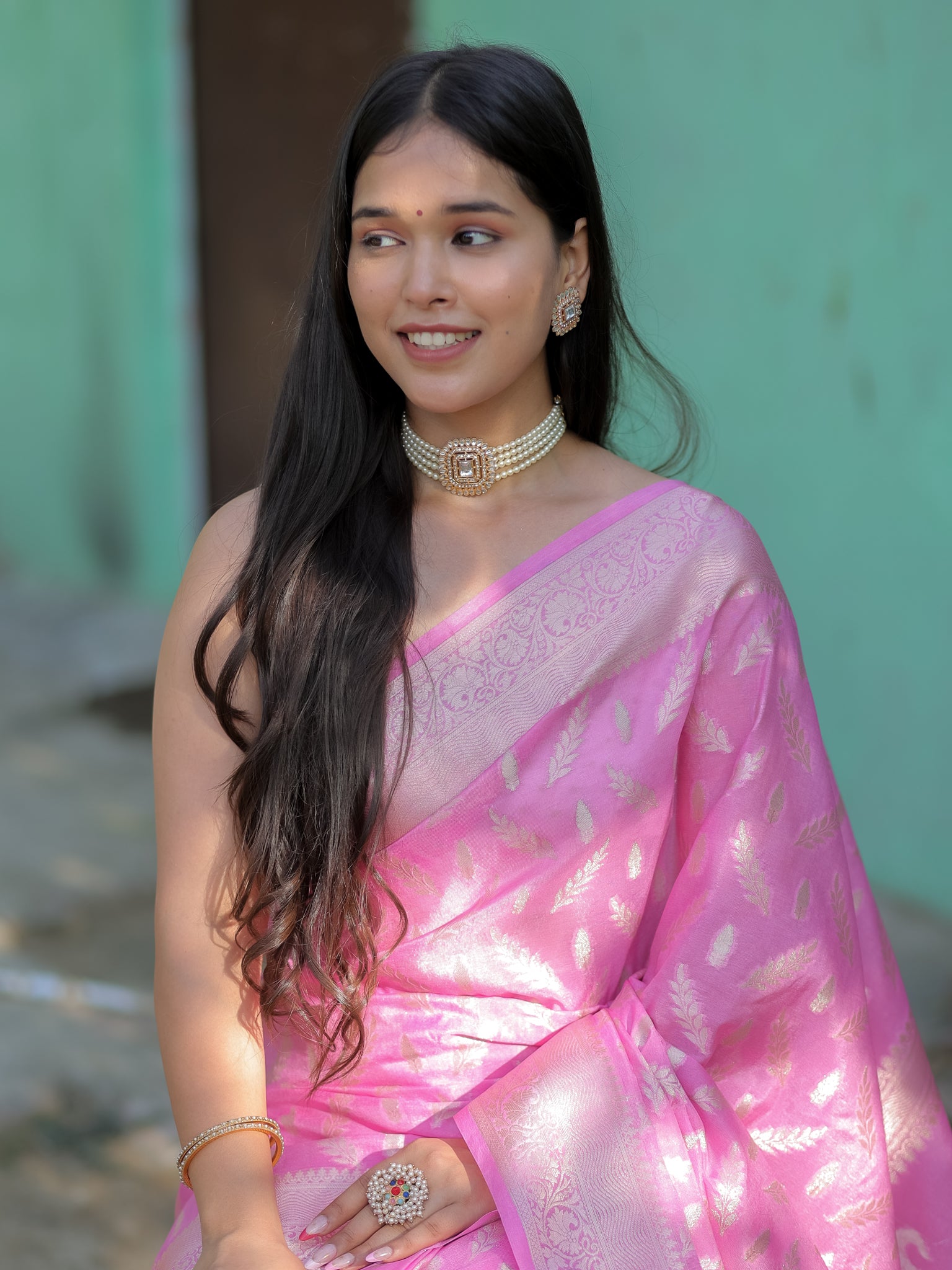 Banarasi Semi Silk Saree With Silver Zari Weaving & Border-Pink