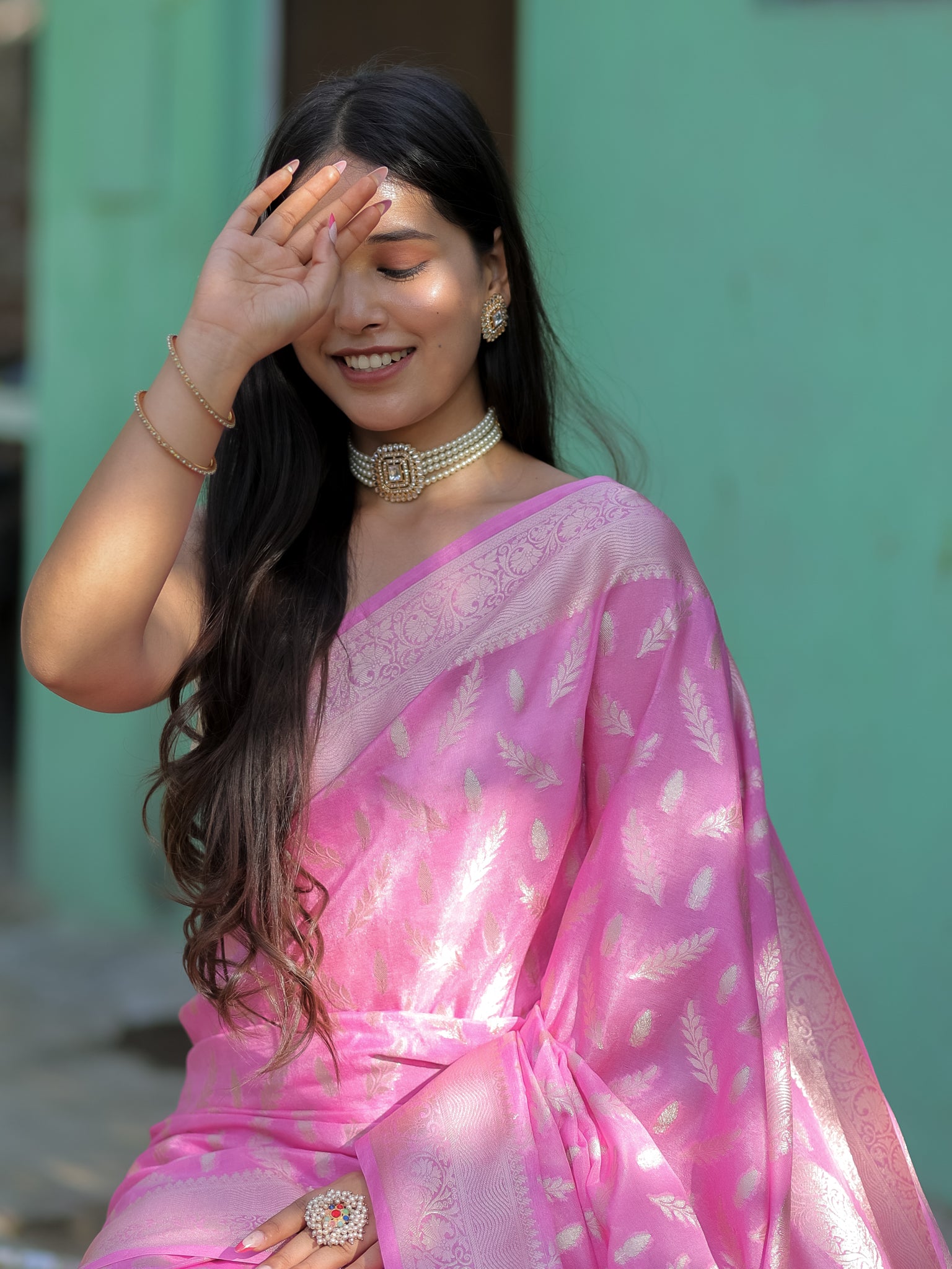 Banarasi Semi Silk Saree With Silver Zari Weaving & Border-Pink