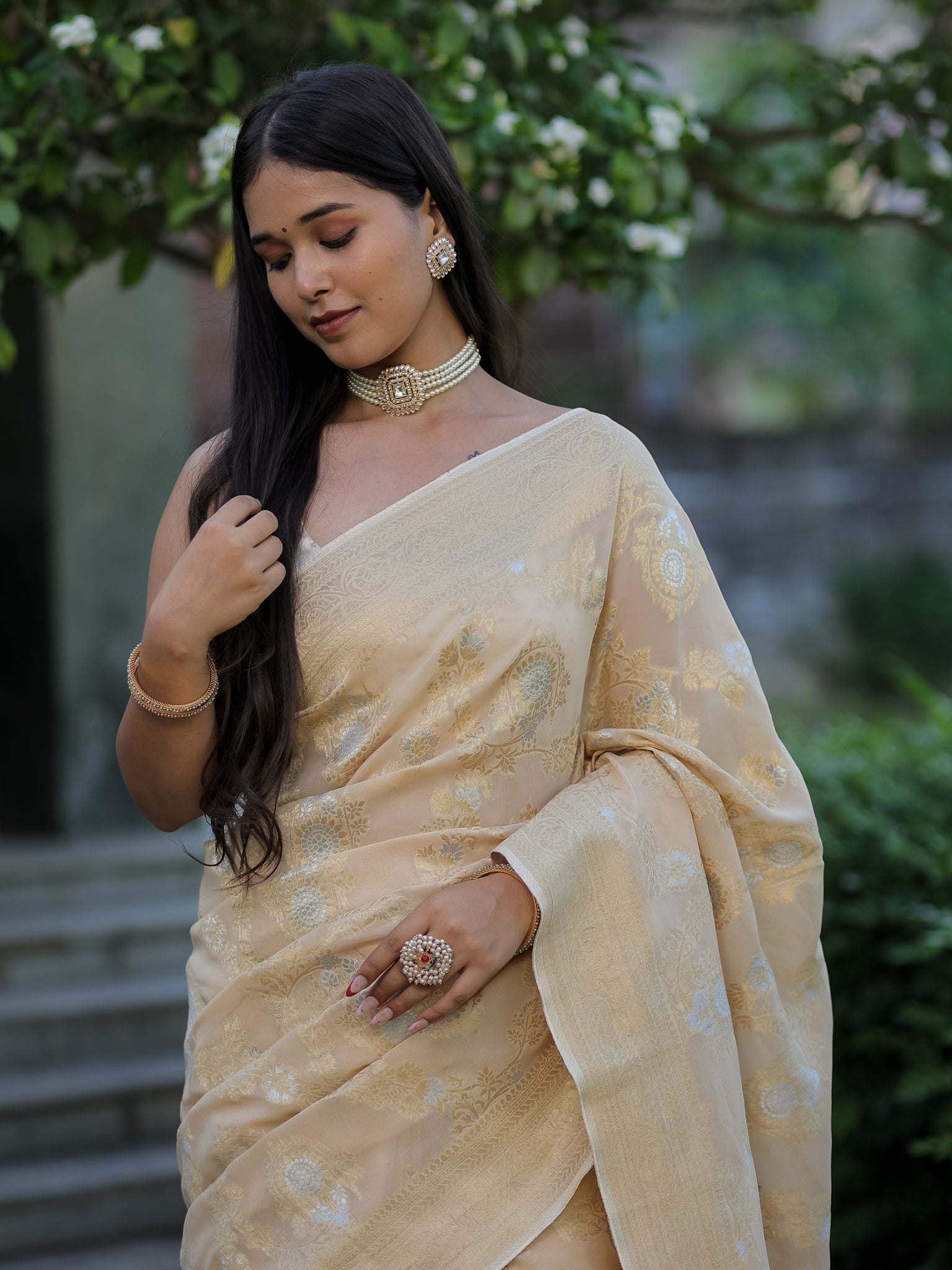 Banarasi Viscose Georgette Saree With Floral Weaving- Beige