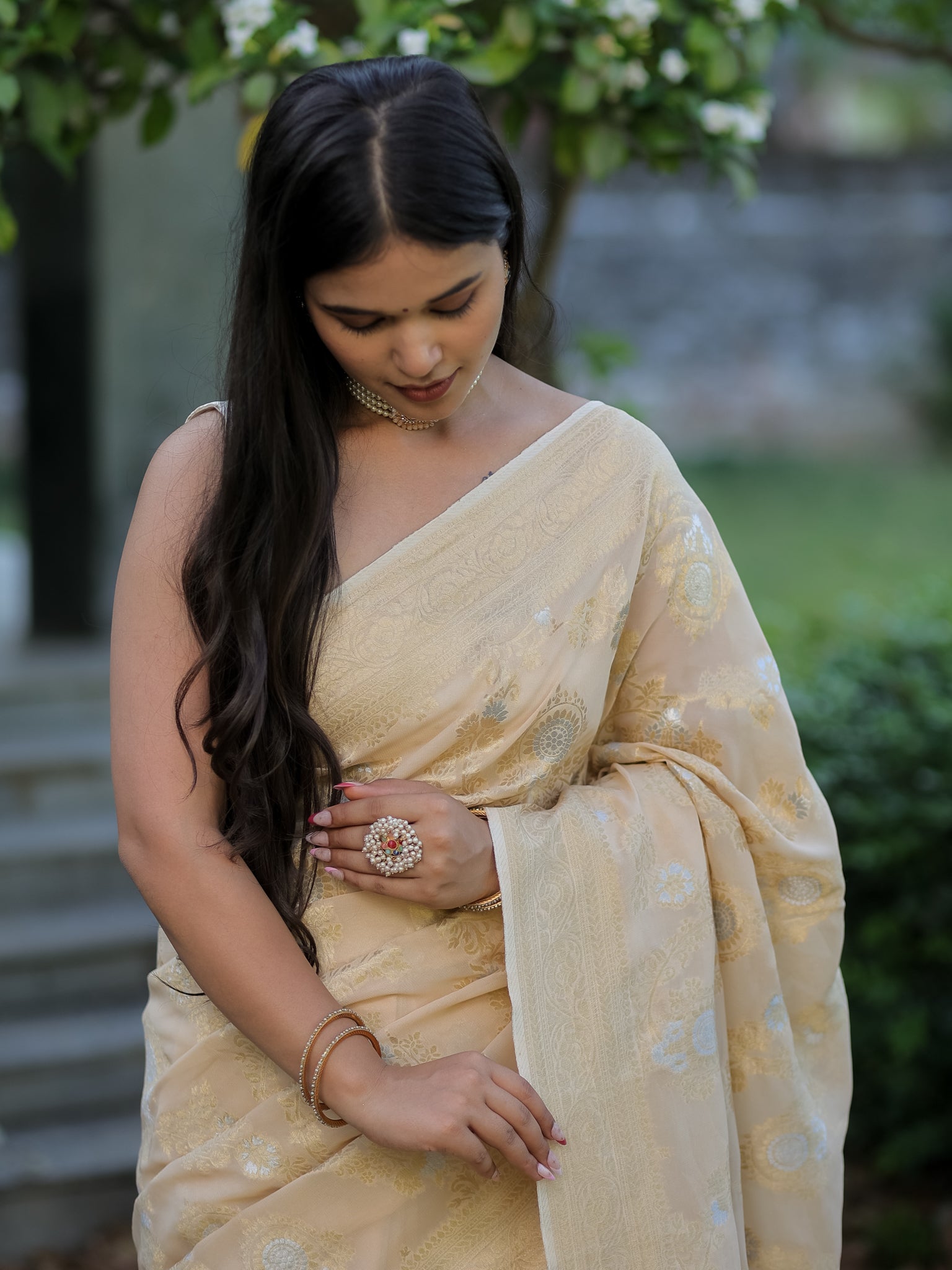 Banarasi Viscose Georgette Saree With Floral Weaving- Beige