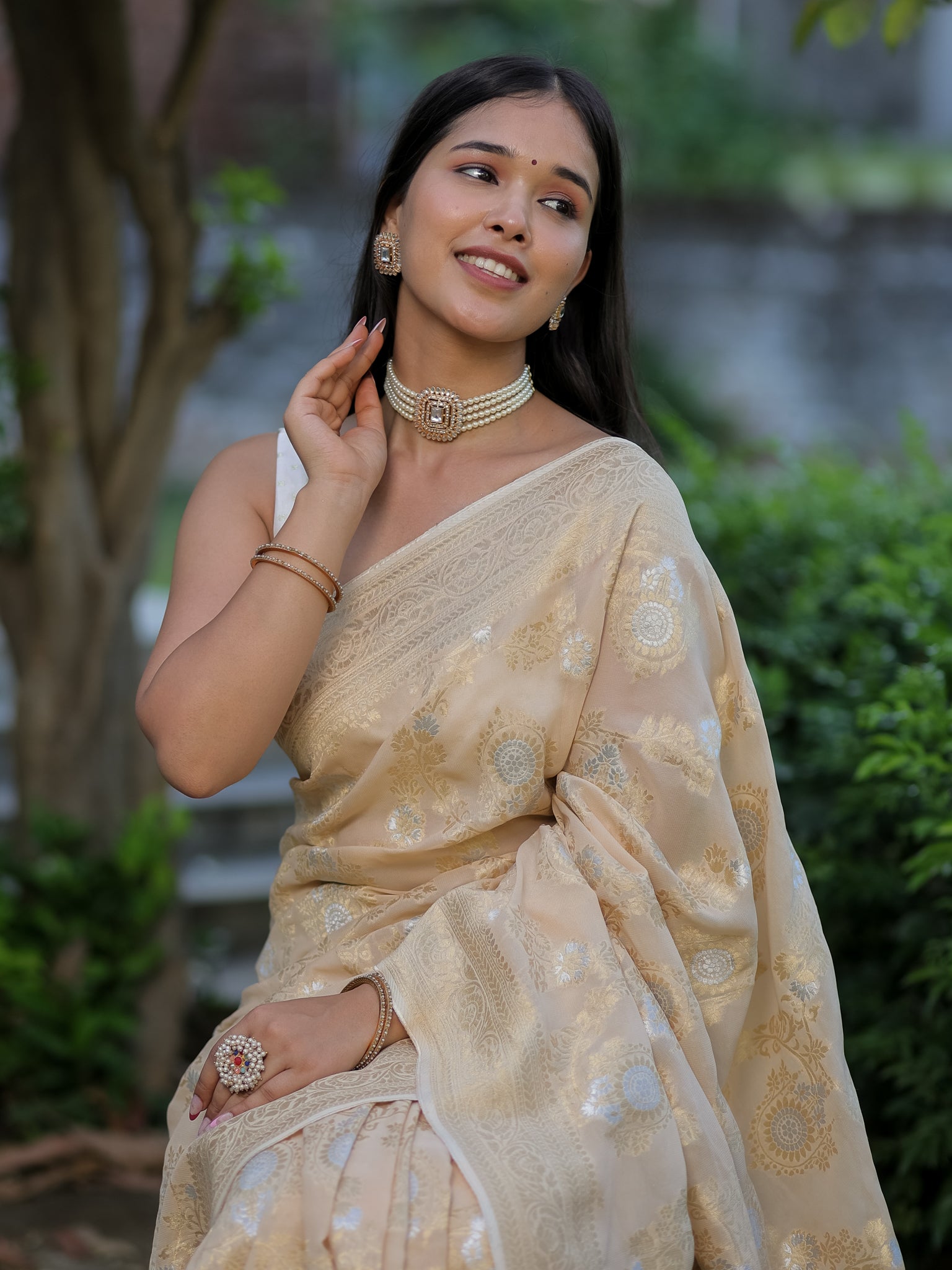 Banarasi Viscose Georgette Saree With Floral Weaving- Beige