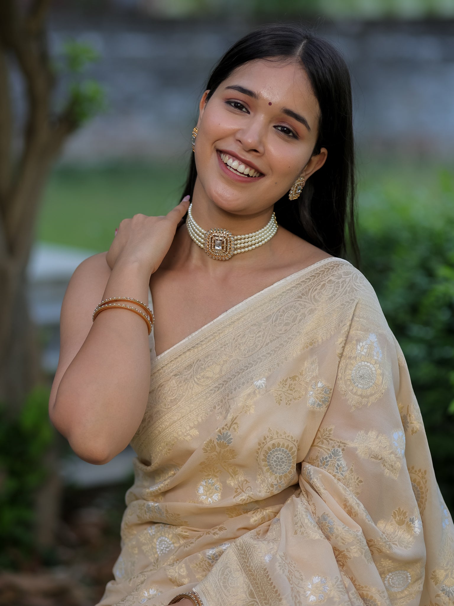 Banarasi Viscose Georgette Saree With Floral Weaving- Beige