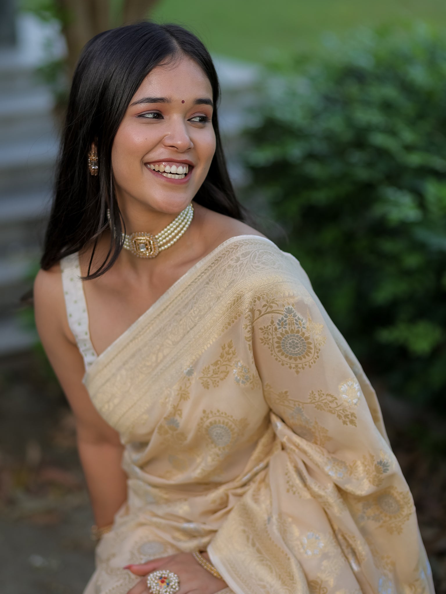 Banarasi Viscose Georgette Saree With Floral Weaving- Beige