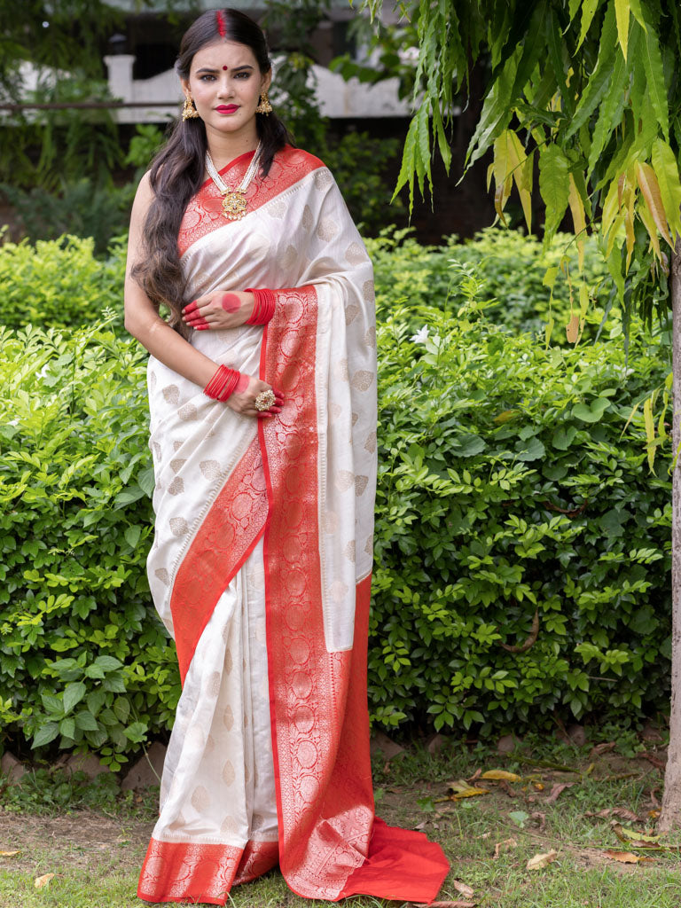 Banarasi Handwoven Pure Chiniya Silk Saree With Gold Zari Weaving-White & Red