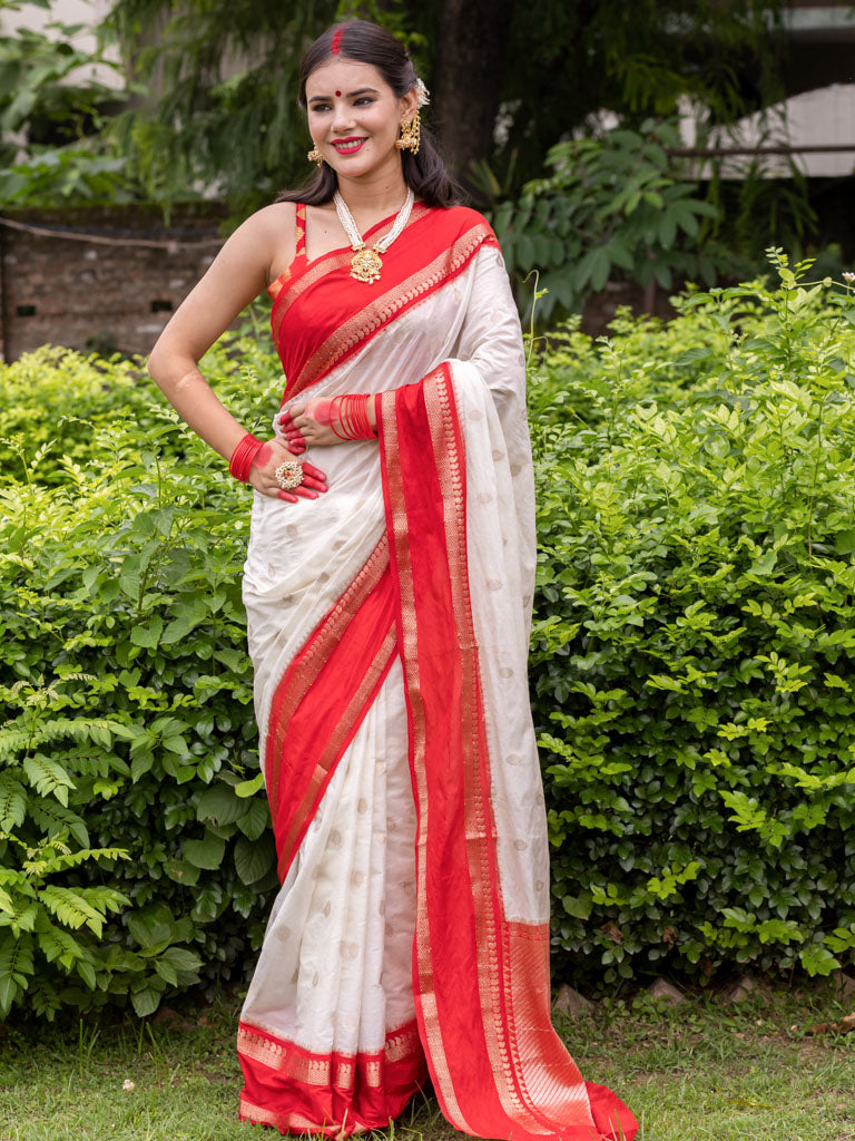Banarasi Cotton Silk Saree with Satin Contrast Border-White & Red