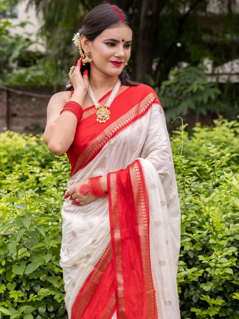 Banarasi Cotton Silk Saree with Satin Contrast Border-White & Red