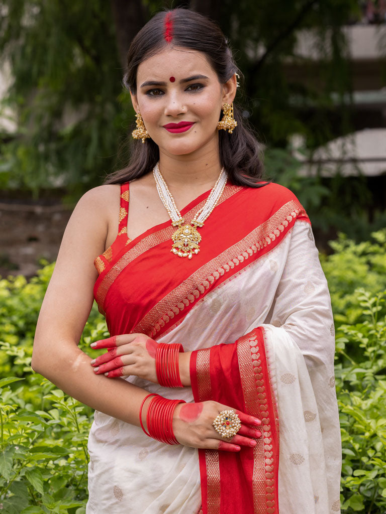 Banarasi Cotton Silk Saree with Satin Contrast Border-White & Red