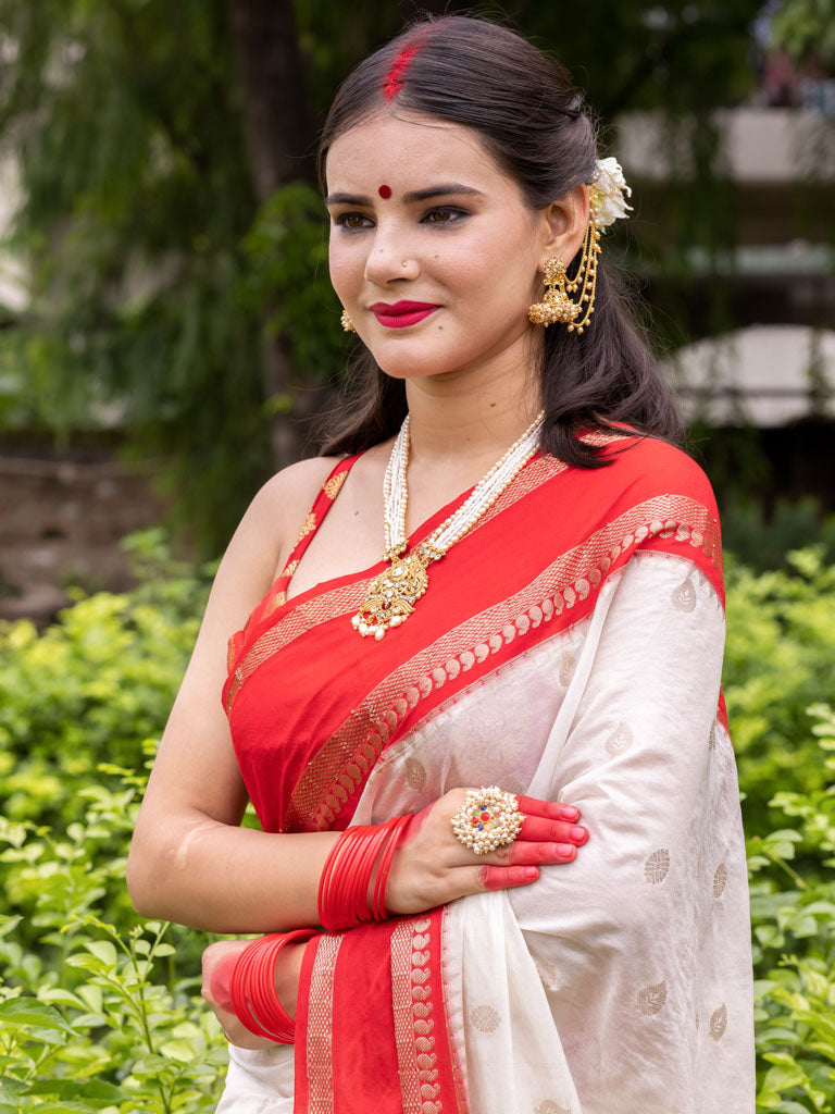 Banarasi Cotton Silk Saree with Satin Contrast Border-White & Red