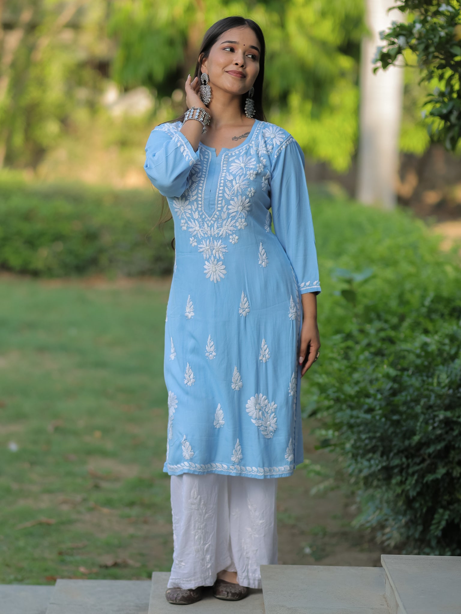 Readymade Floral Heavy Chikankari Rayon Kurti- Sky Blue