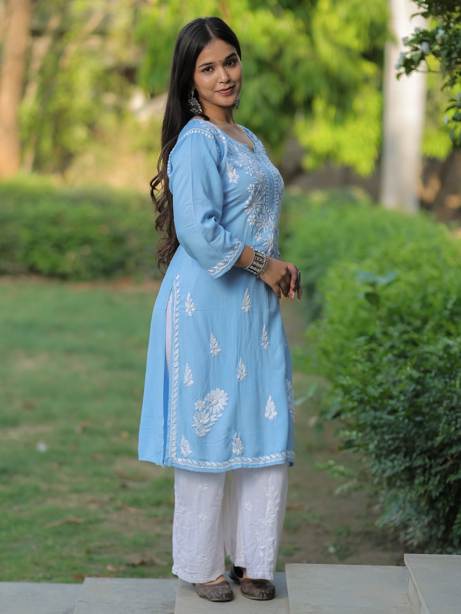 Readymade Floral Heavy Chikankari Rayon Kurti- Sky Blue
