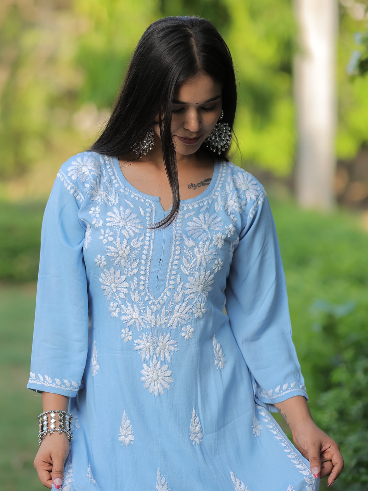 Readymade Floral Heavy Chikankari Rayon Kurti- Sky Blue