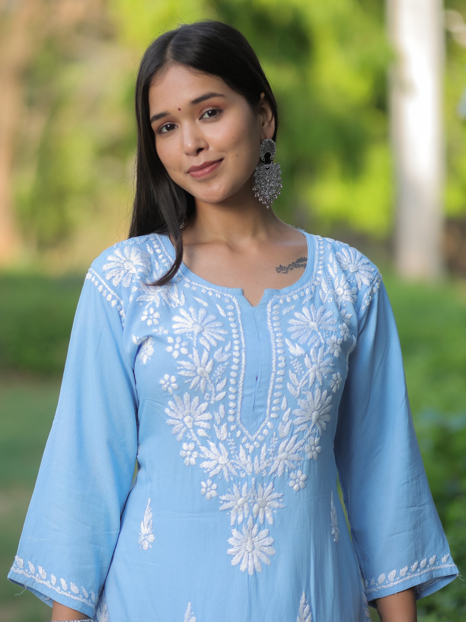 Readymade Floral Heavy Chikankari Rayon Kurti- Sky Blue