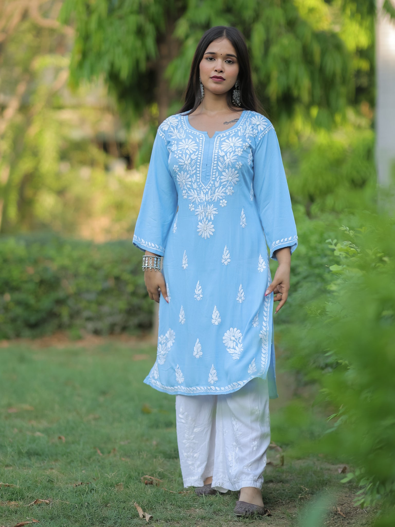Readymade Floral Heavy Chikankari Rayon Kurti- Sky Blue