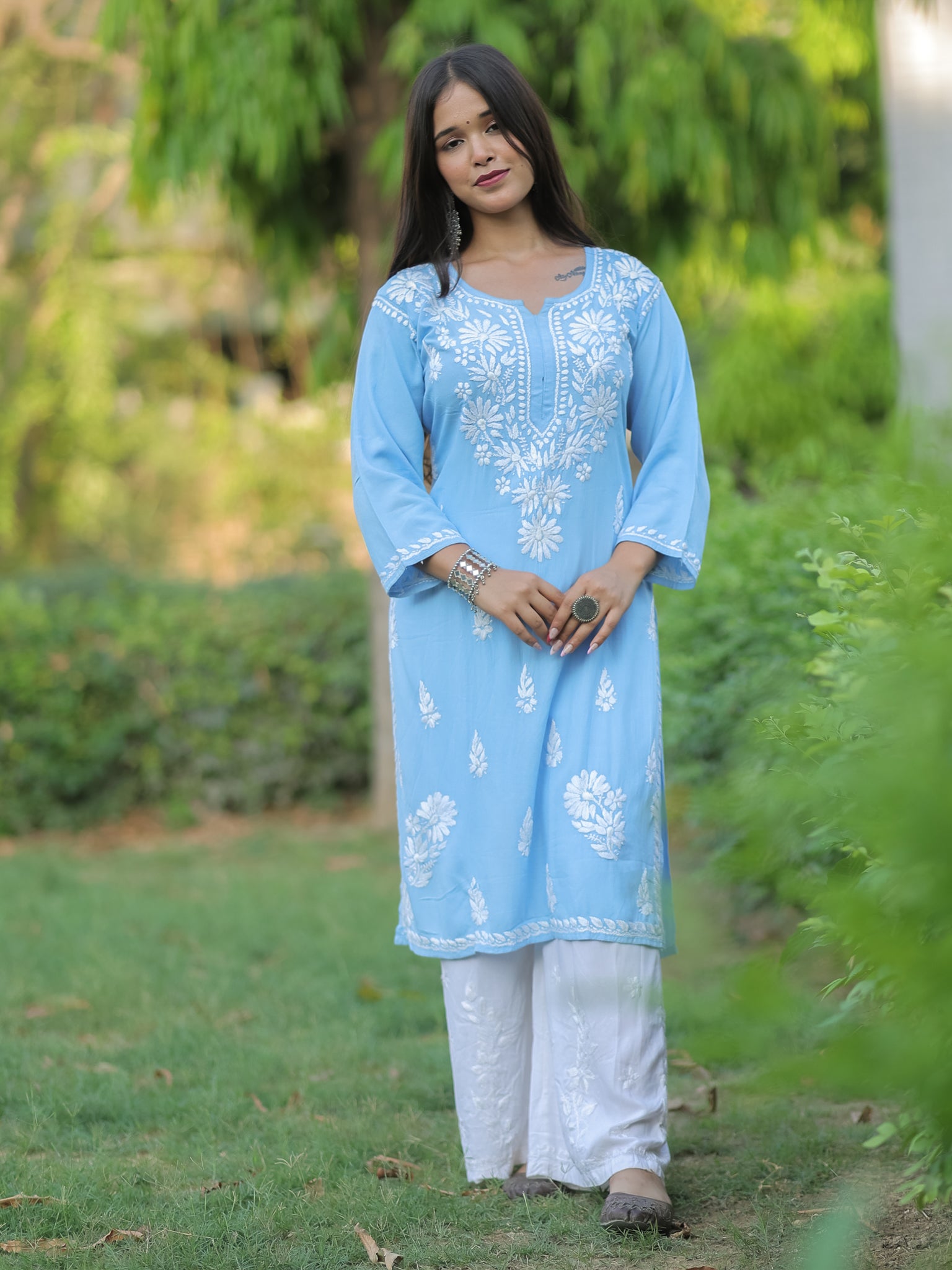 Readymade Floral Heavy Chikankari Rayon Kurti- Sky Blue