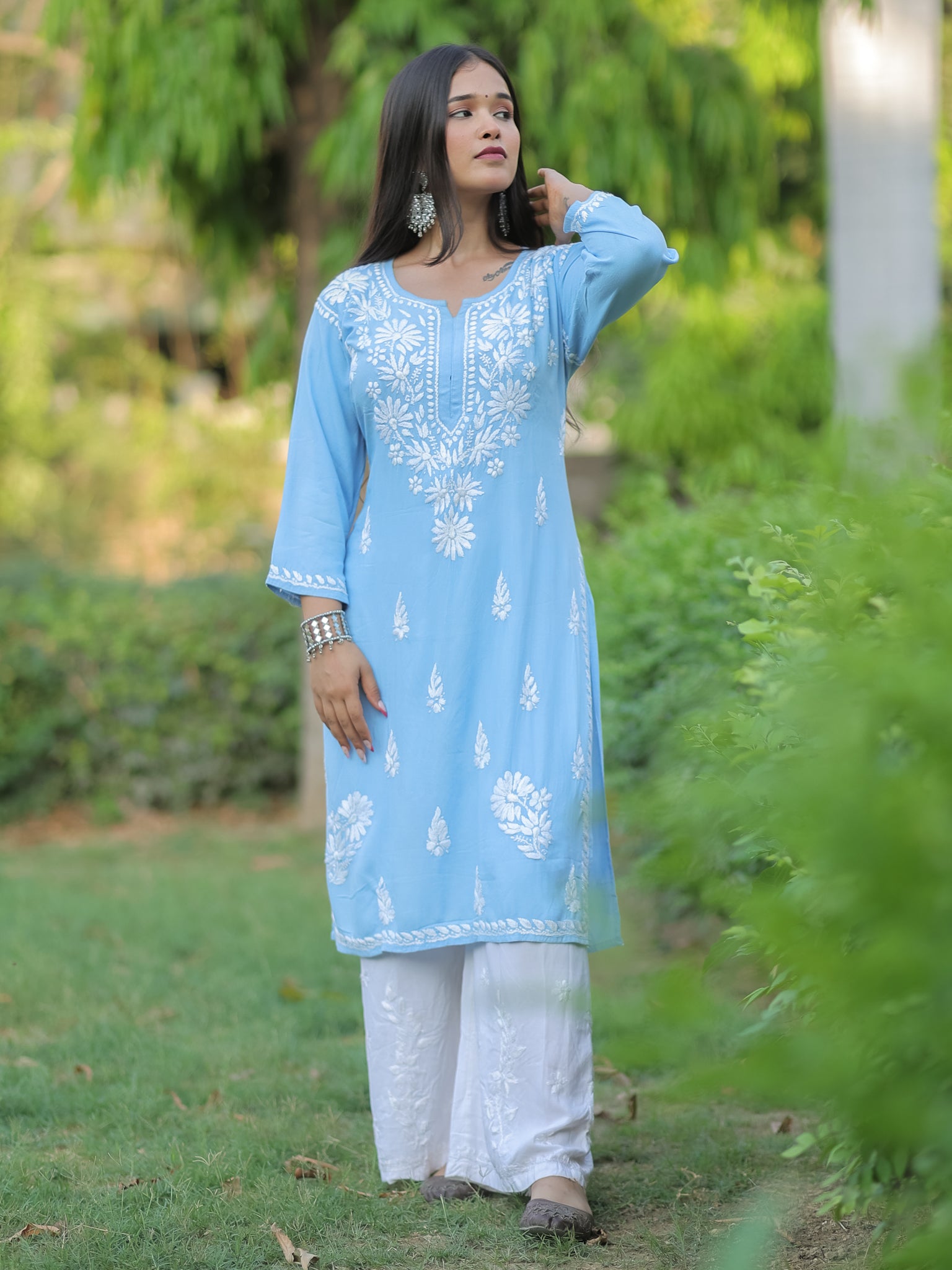 Readymade Floral Heavy Chikankari Rayon Kurti- Sky Blue