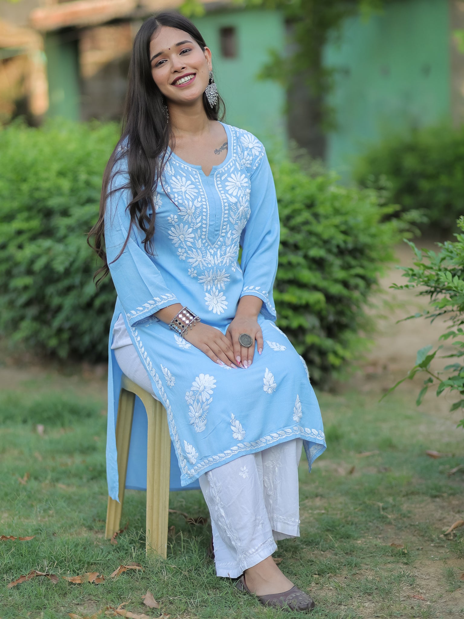 Readymade Floral Heavy Chikankari Rayon Kurti- Sky Blue