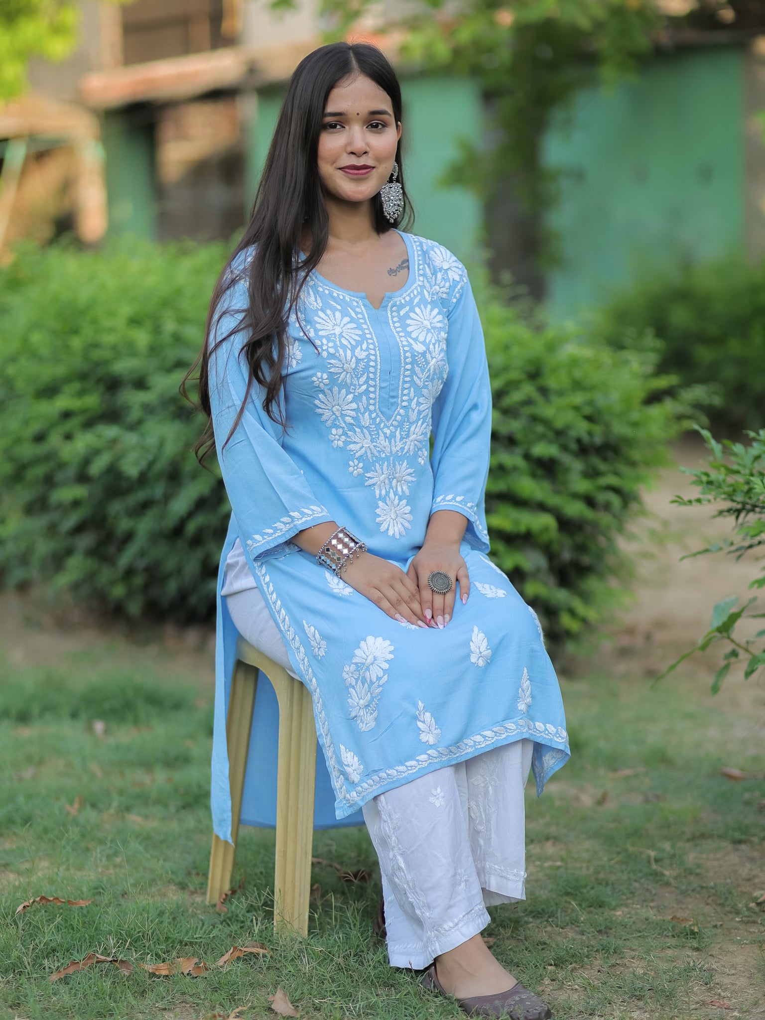Readymade Floral Heavy Chikankari Rayon Kurti- Sky Blue