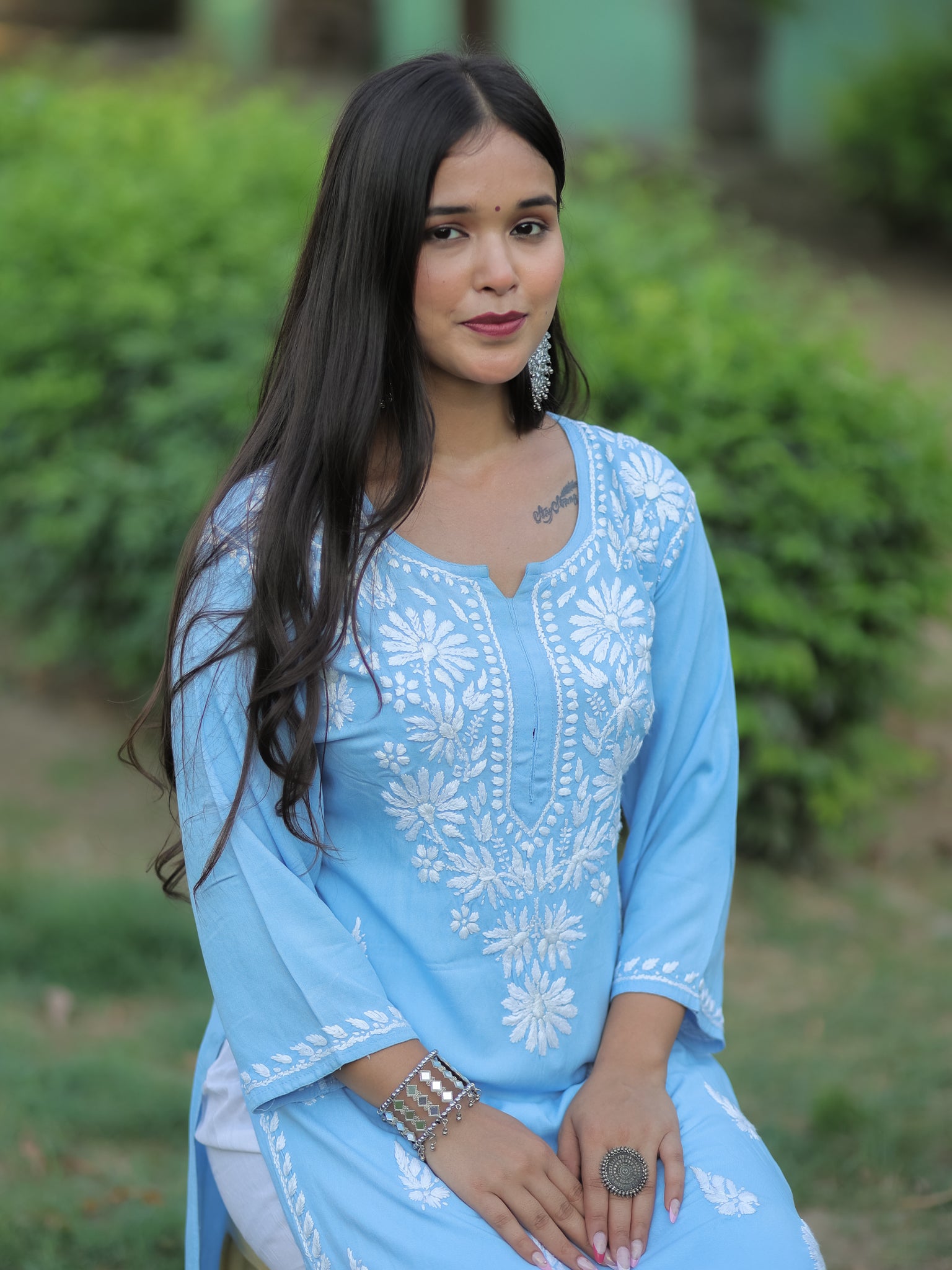 Readymade Floral Heavy Chikankari Rayon Kurti- Sky Blue