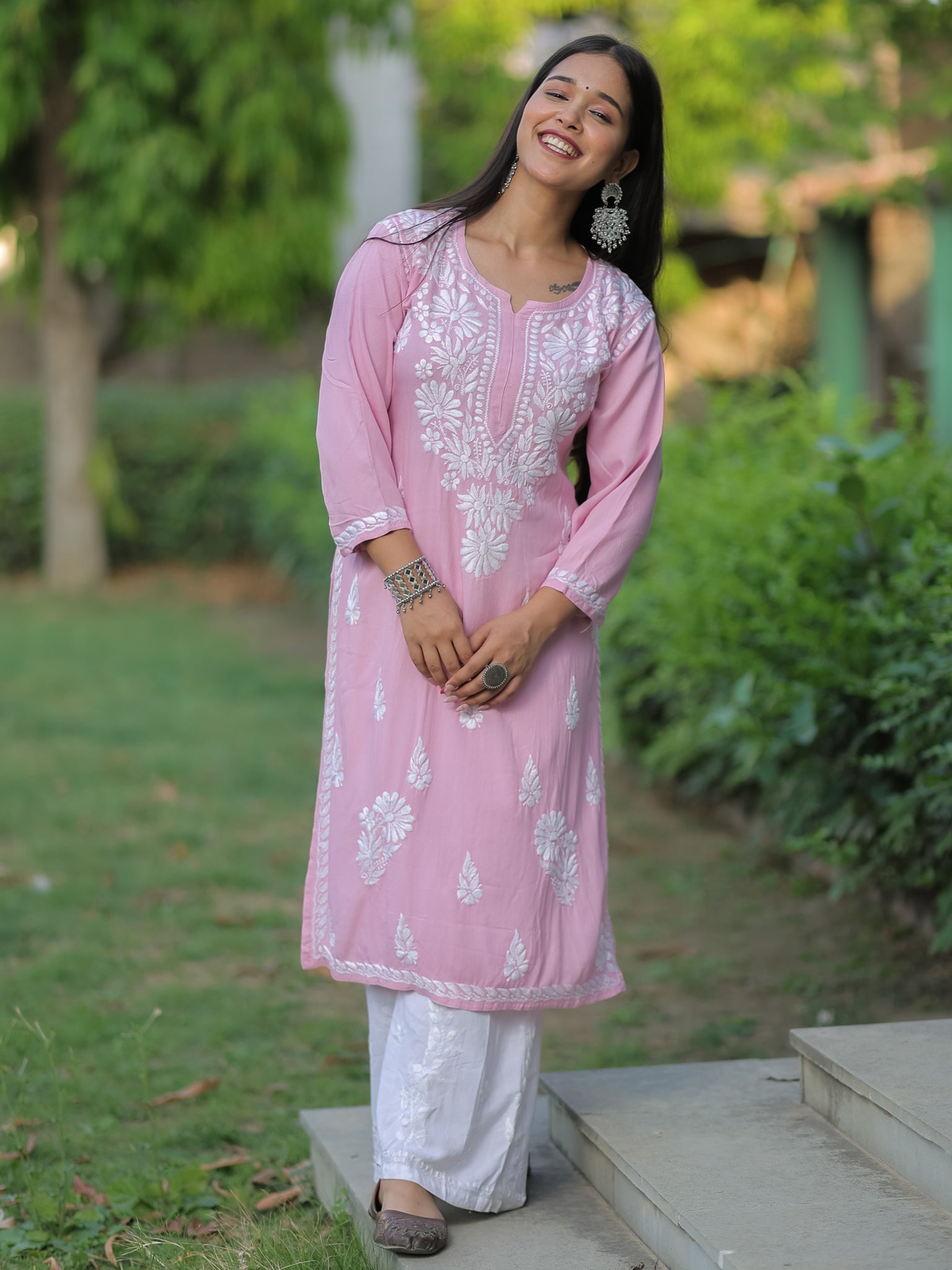 Readymade Floral Heavy Chikankari Rayon Kurti- Pink
