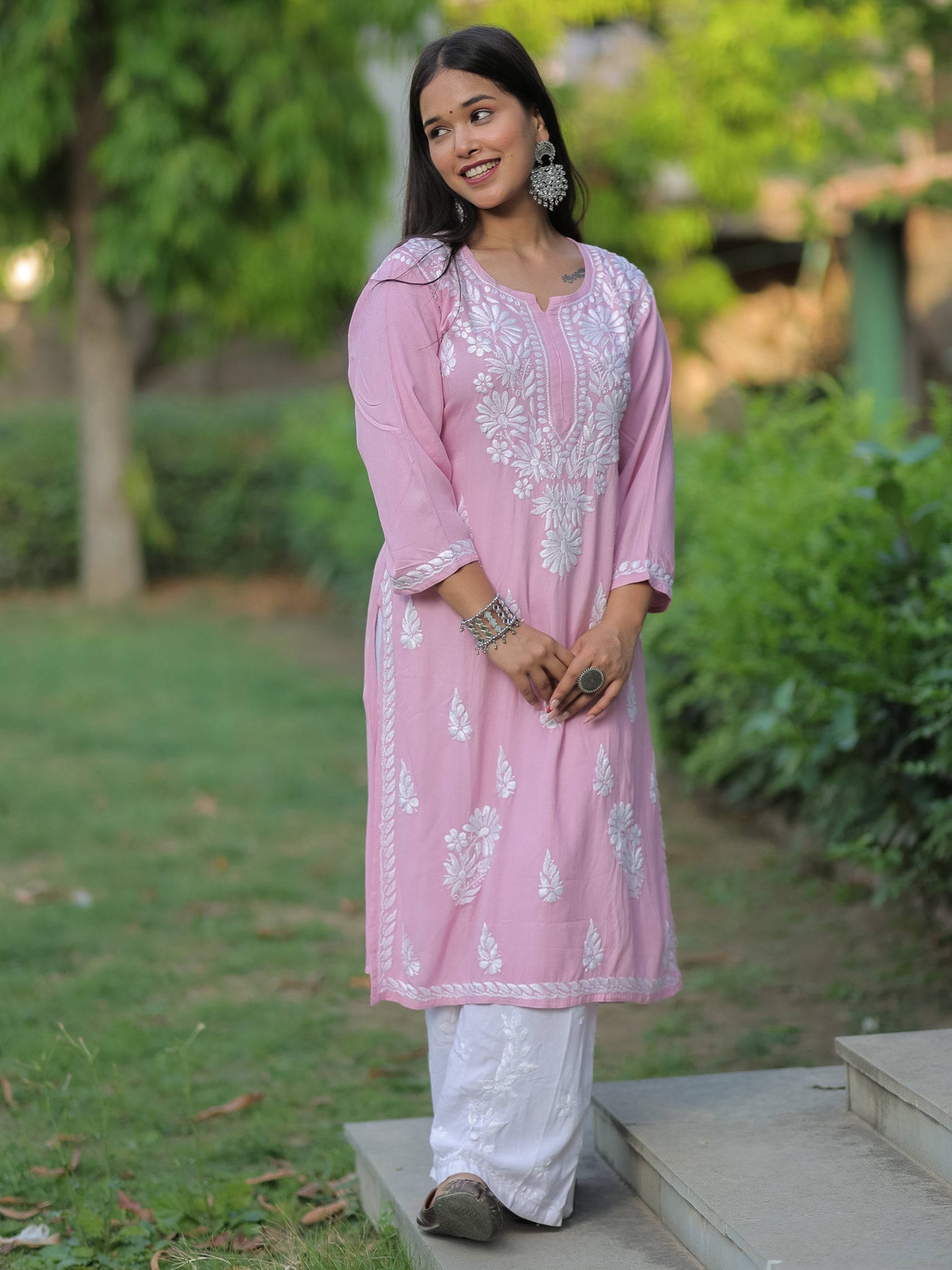 Readymade Floral Heavy Chikankari Rayon Kurti- Pink