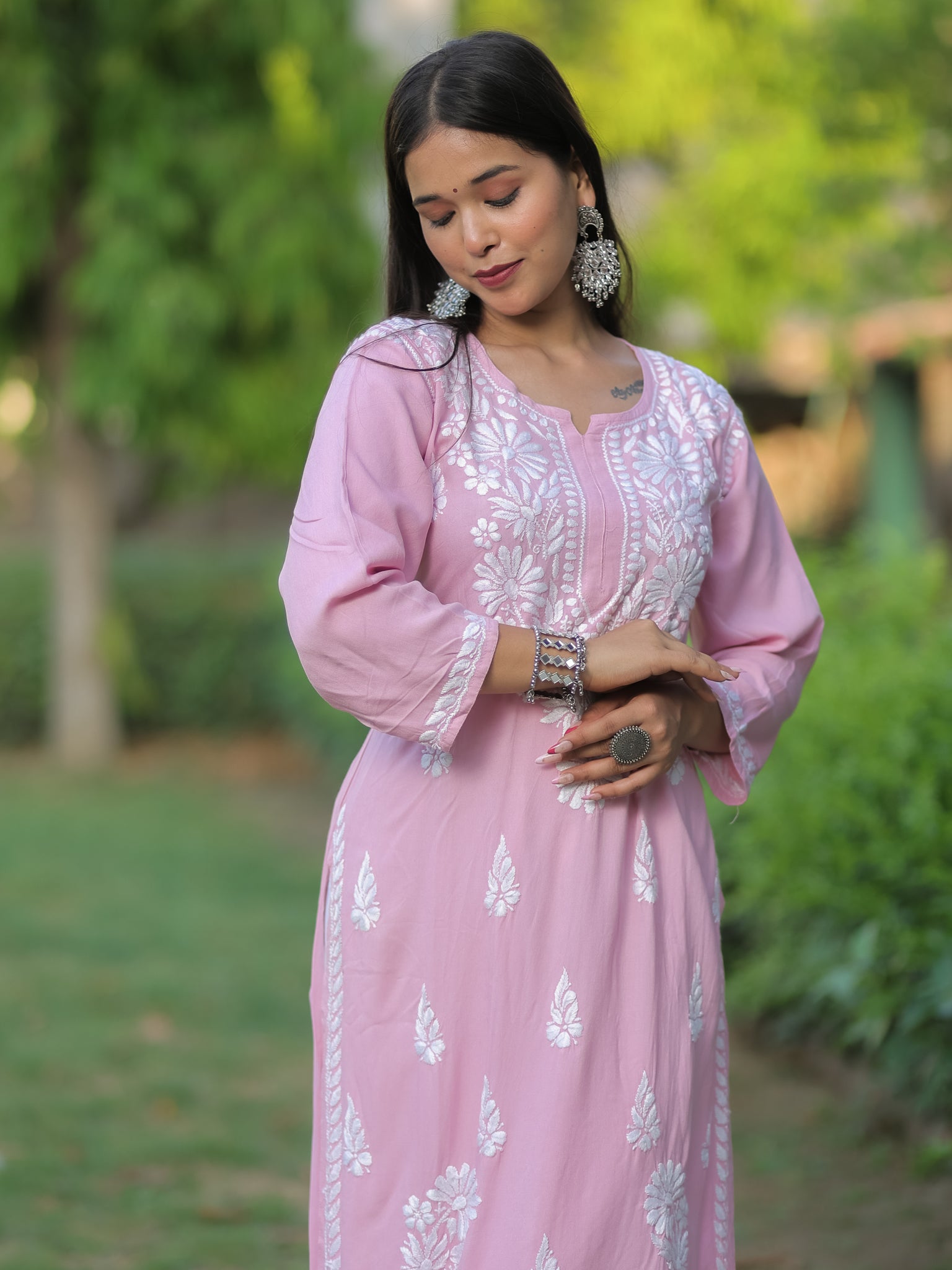 Readymade Floral Heavy Chikankari Rayon Kurti- Pink