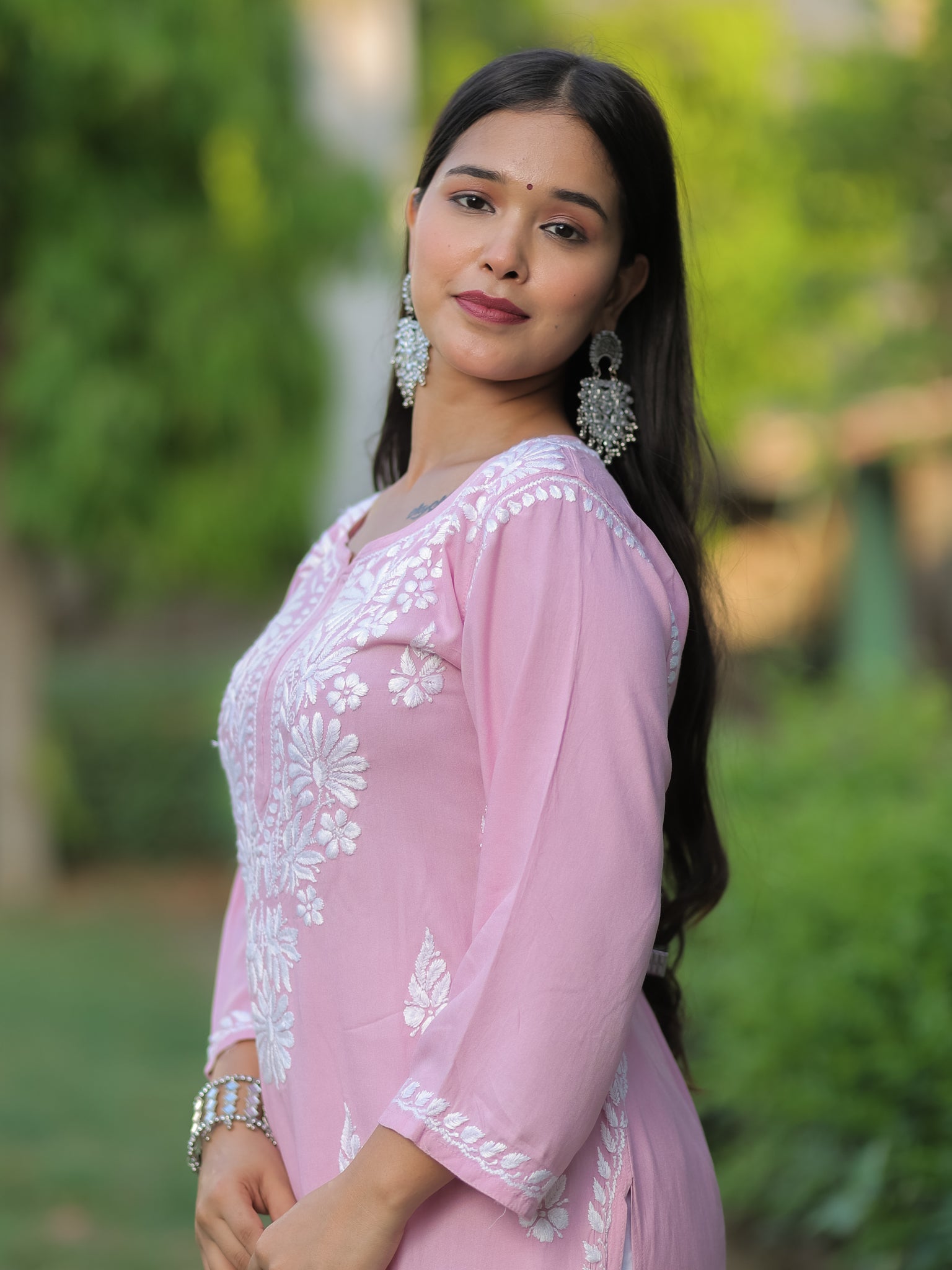 Readymade Floral Heavy Chikankari Rayon Kurti- Pink