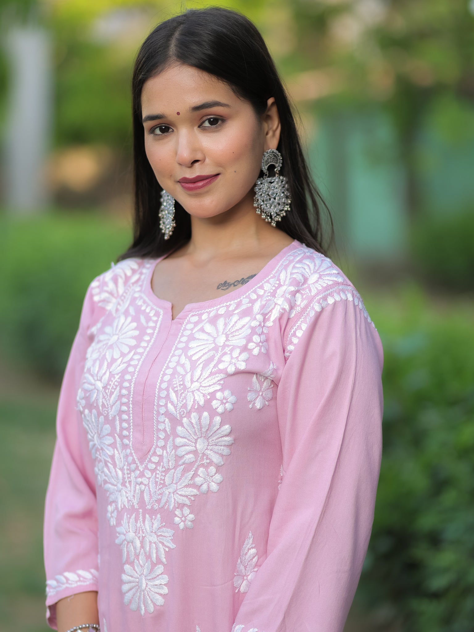 Readymade Floral Heavy Chikankari Rayon Kurti- Pink