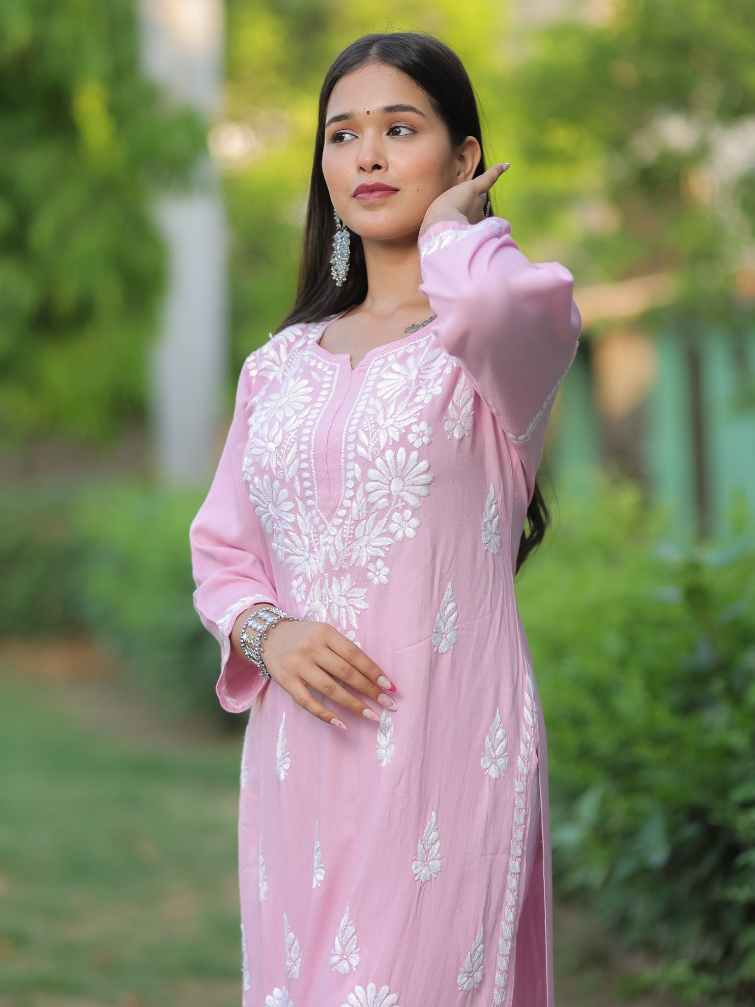 Readymade Floral Heavy Chikankari Rayon Kurti- Pink