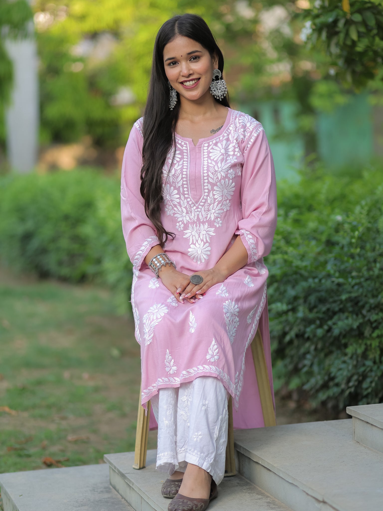 Readymade Floral Heavy Chikankari Rayon Kurti- Pink