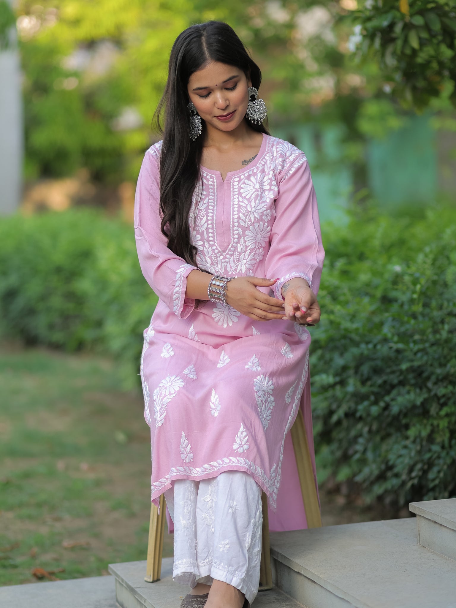 Readymade Floral Heavy Chikankari Rayon Kurti- Pink