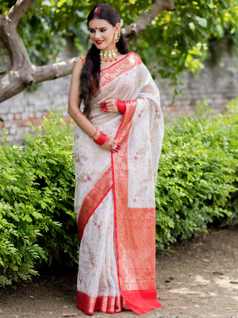 Banarasi Cotton Silk Saree with Meenakari Jaal Weaving& Contrast Border-Off White & Red