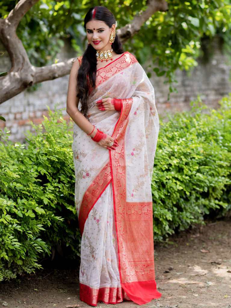 Banarasi Cotton Silk Saree with Meenakari Jaal Weaving& Contrast Border-Off White & Red