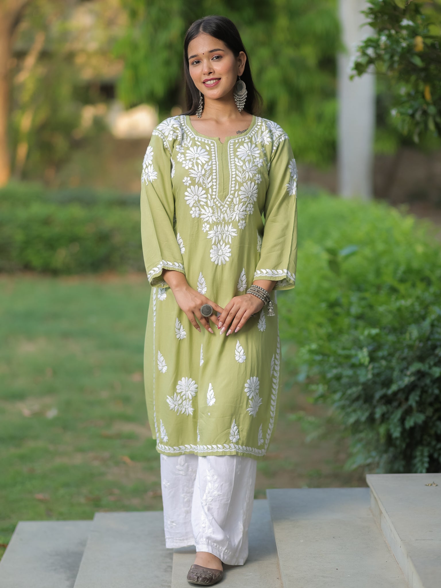 Readymade Floral Heavy Chikankari Rayon Kurti- Green