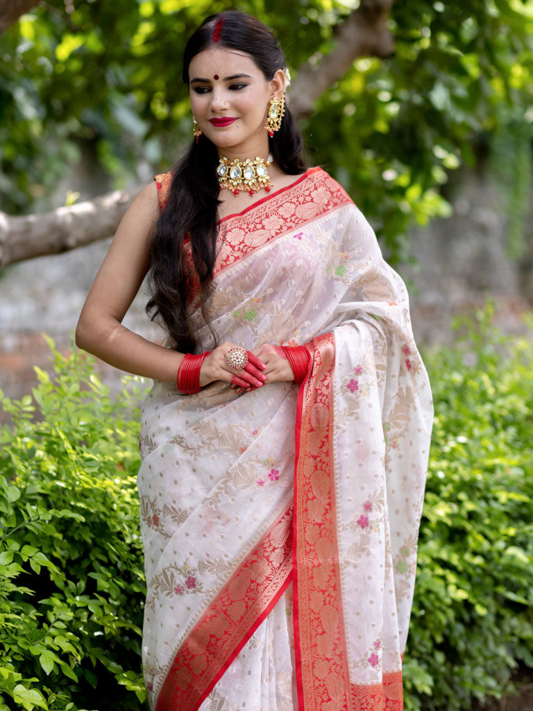 Banarasi Cotton Silk Saree with Meenakari Jaal Weaving& Contrast Border-Off White & Red