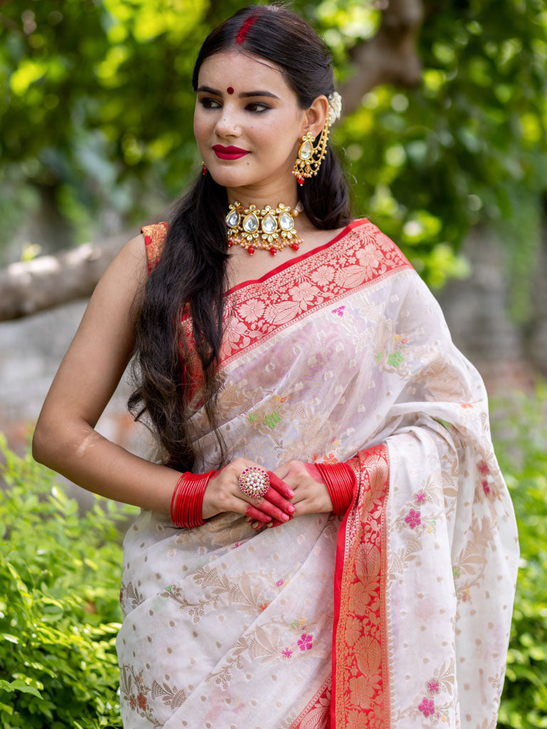 Banarasi Cotton Silk Saree with Meenakari Jaal Weaving& Contrast Border-Off White & Red